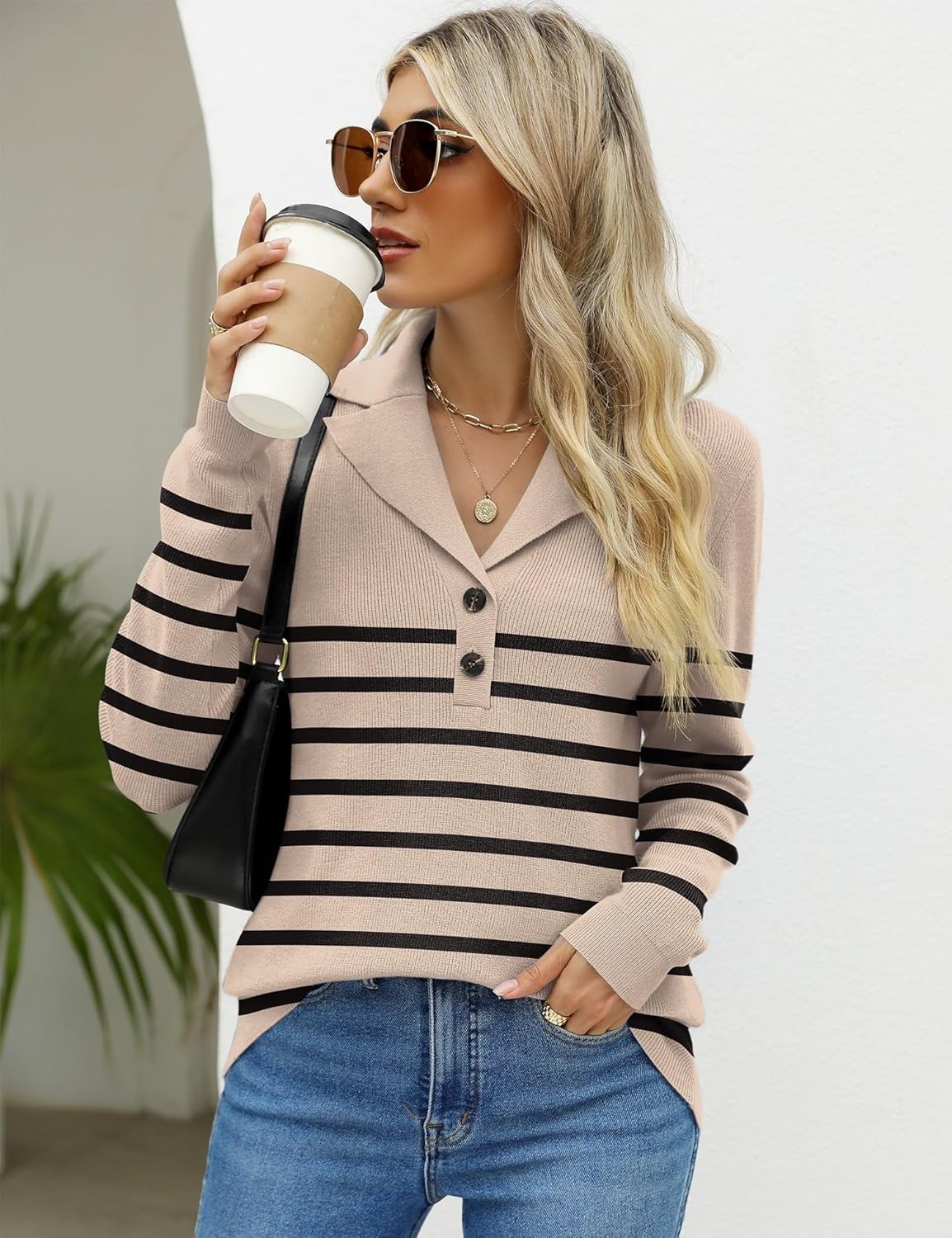 LOMON Sweaters for Women 2025 Fall Knitted V-Neck Collared Button Pullover Dressy Casual Long Sleeve Polo Shirts Business - Image 5