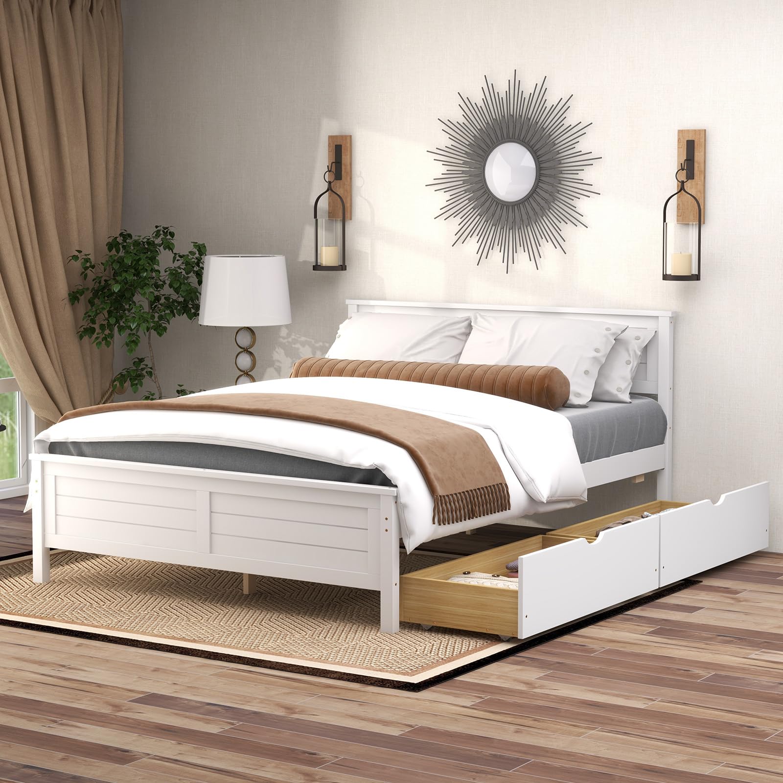 GOFLAME Full Size Bed Frame with 2 Drawers, Platform Bed with Solid Wood Headboard & Footboard, Wood Slats Support Mattress Foundation, Under Bed