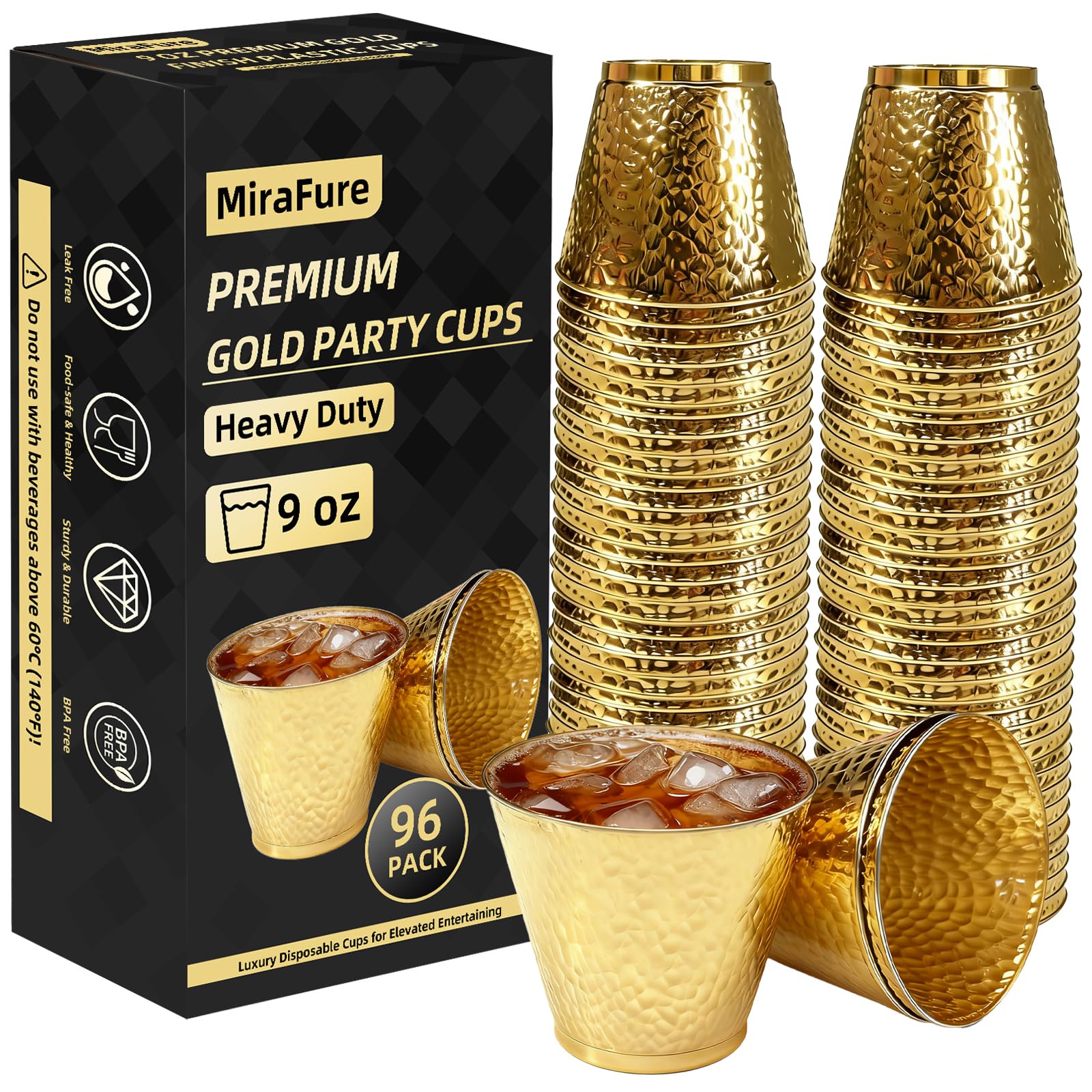 96-Pack Gold Hammered Plastic Party Cups 9oz, BPA-Free Leakproof Disposable Cups, Premium Elegant Drinkware for Weddings Birthdays Holidays Gatherings