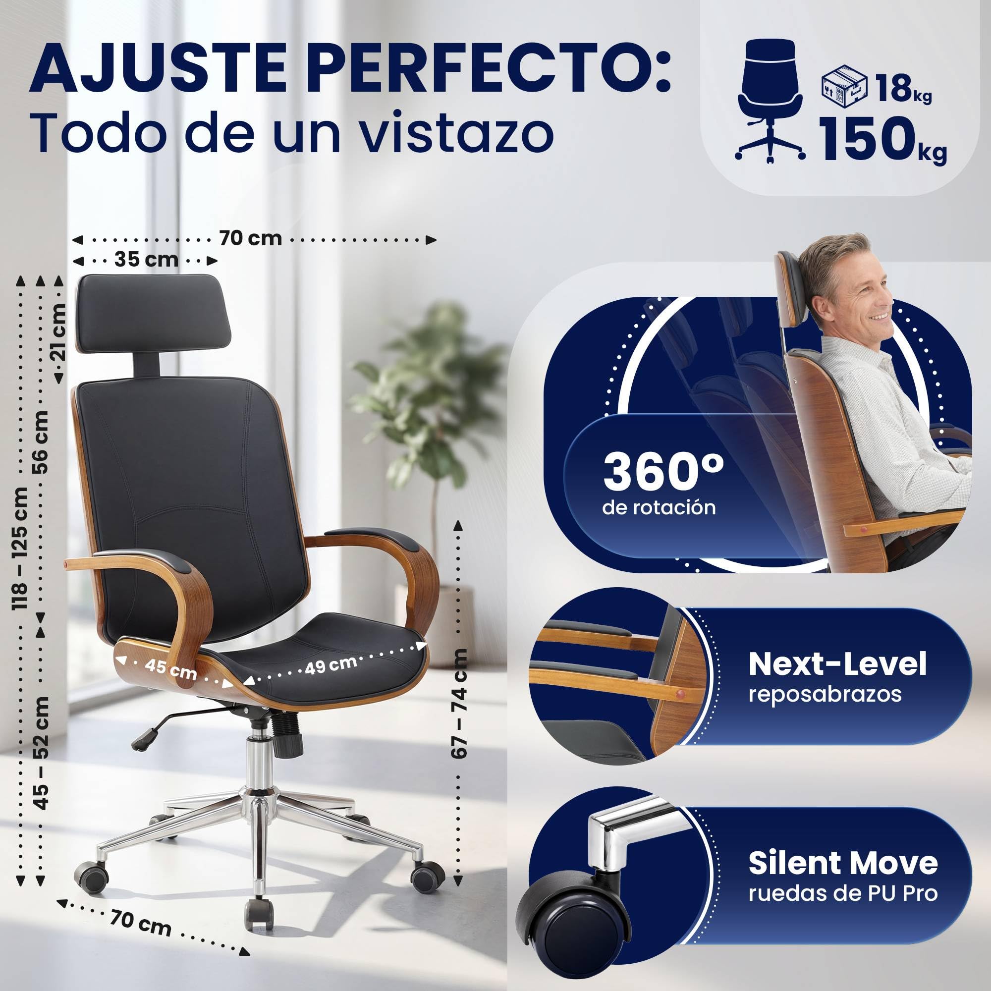 CLP Silla de Oficina Dayton con reposacabezas, giratoria Regulable en Altura, Polipiel, Funcion basculante, hasta 150 kg Color:Nuez/Negro