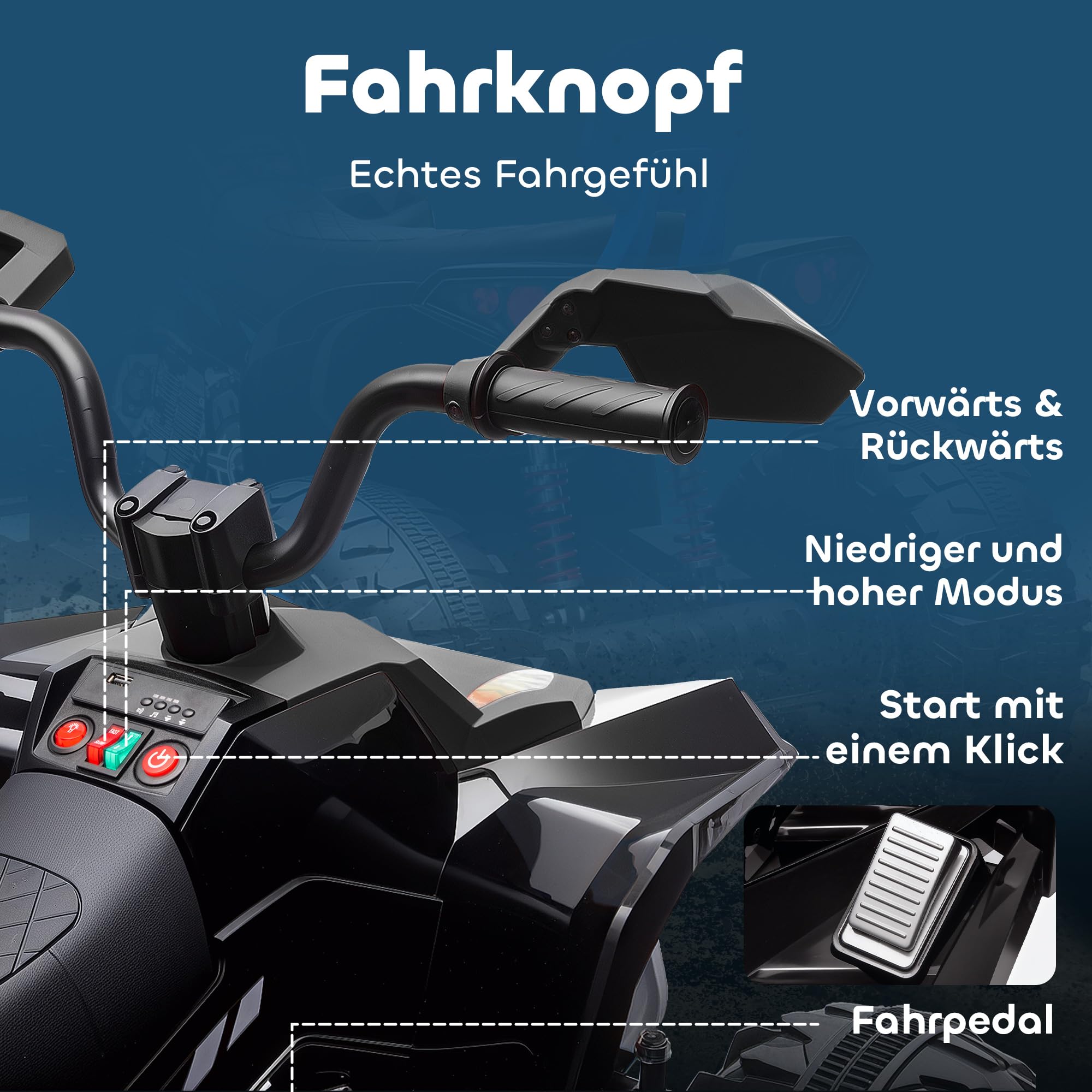 AIYAPLAY 24V Elektro Quad für Kinder Vorwärts-, Rückwärtsfunktion Schwarz | Kinderquad, 4 Gefederte Räder, Scheinwerfer, USB- & MP3-Anschluss, 2 Sitzer Kinderfahrzeug, 4-6,5 km/h, Für 3-8 Jahre