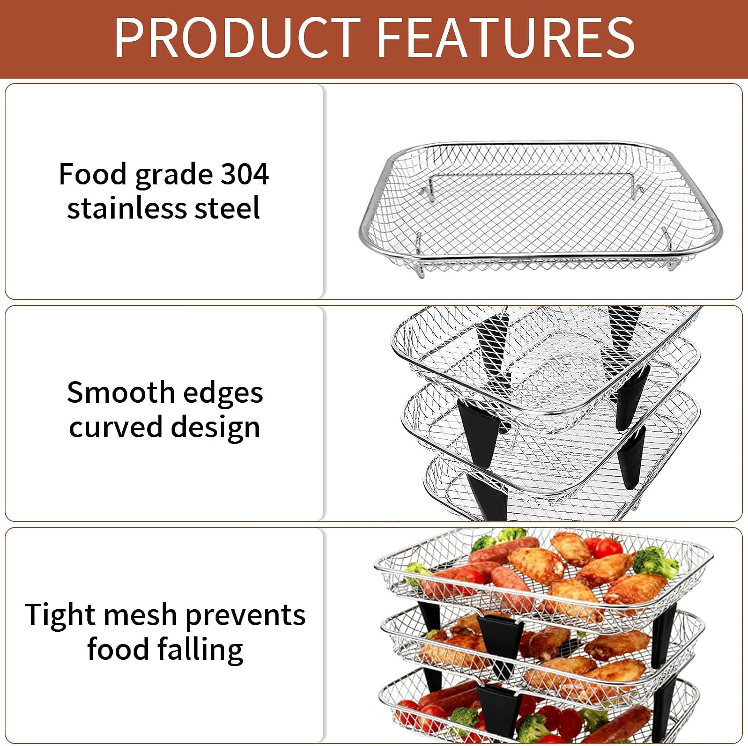 3-Tier Air Fryer Baskets, 7.79×5.23" Stackable Stainless Steel Racks for Ninja Foodi Dual Zone DZ071 DZ090 DZ201 DZ302 DZ401 DZ550 SL401, Rectangular Air Fryer Accessories with Silicone Feet