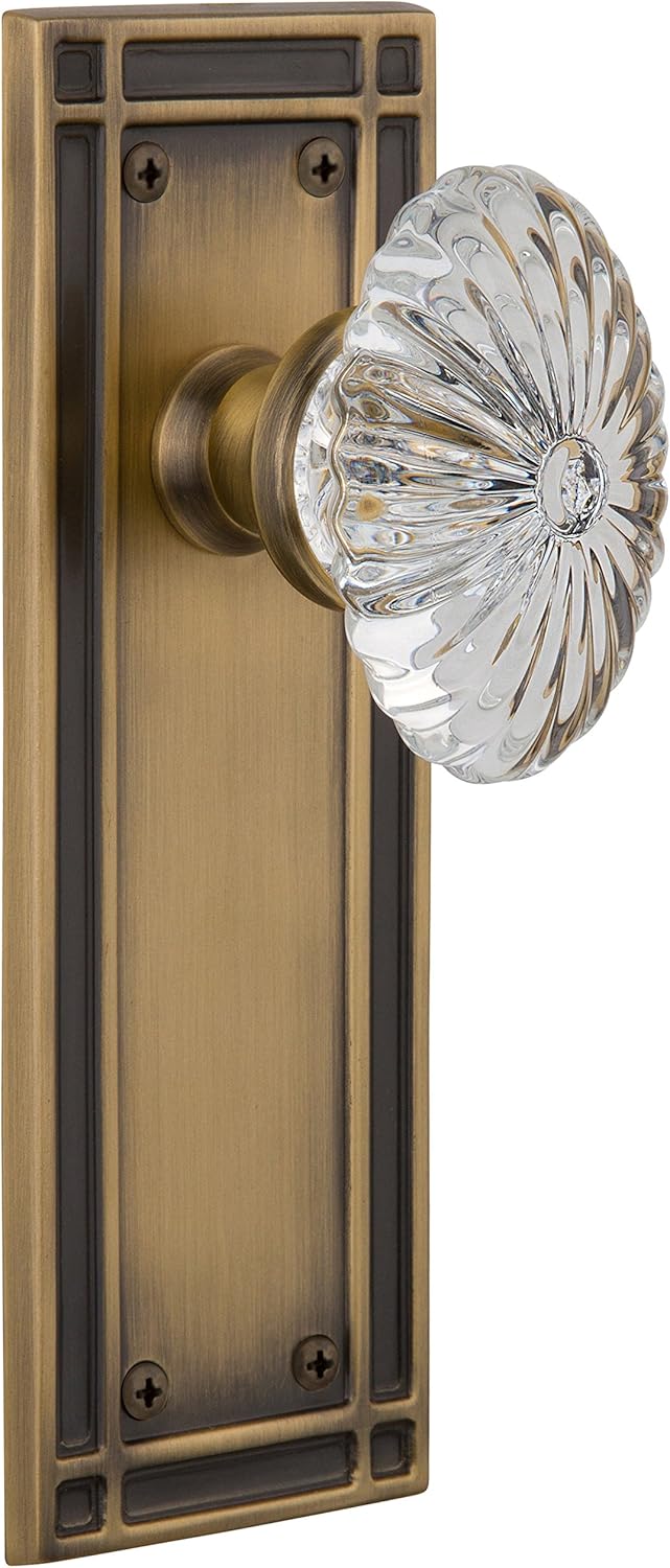 Nostalgic Warehouse Mission Plate with Oval Fluted Crystal Glass Knob, Passage - 2.375", Antique Brass