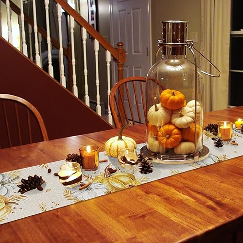 Miniatura 5 de Camino de mesa de calabazas otoñales  120 pulgadas de largo, color gris, dorado y amarillo, camino de mesa de Acción de Gracias, bufandas de