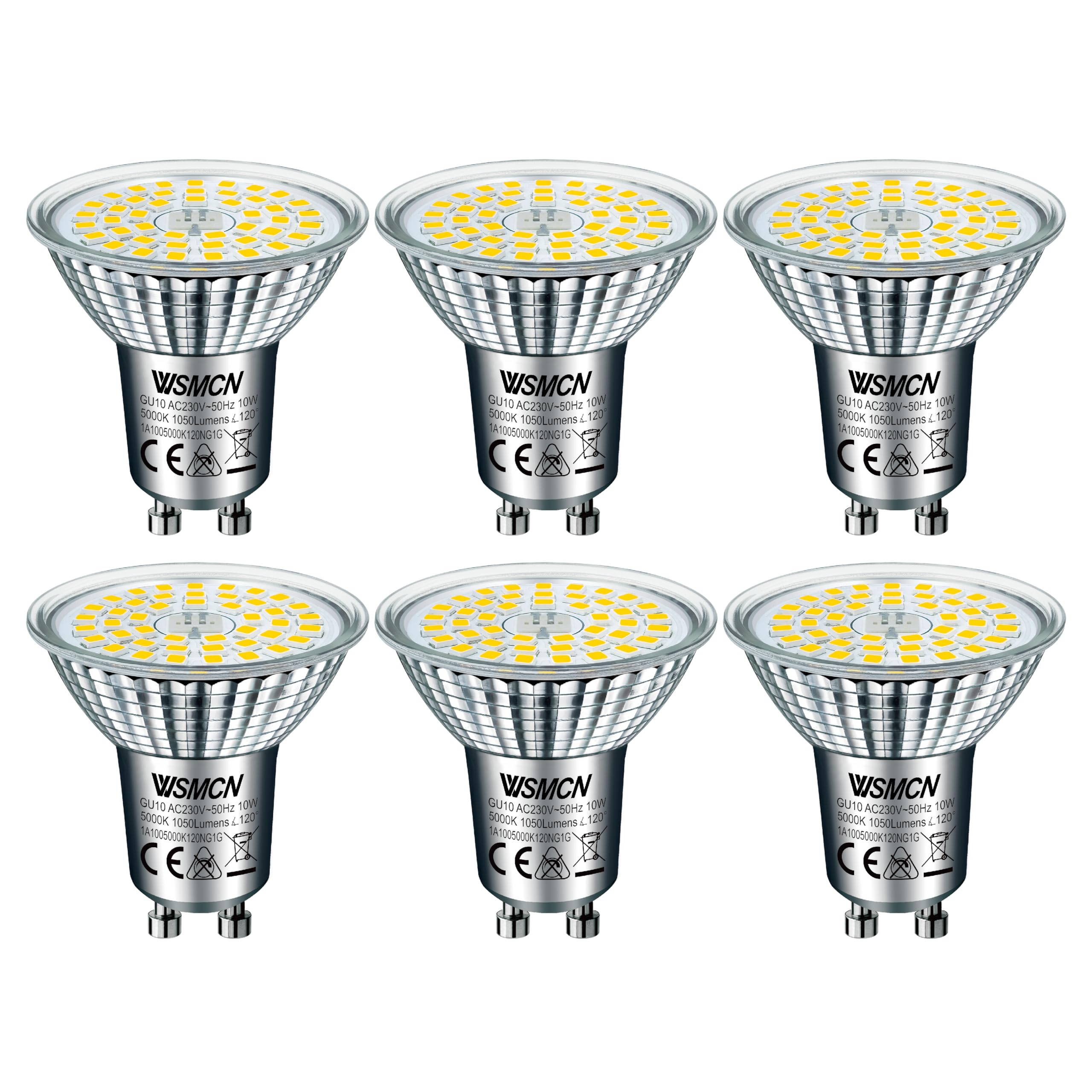 WSMCN GU10 LED Bulbs Daylight White, 10W 1050lm 5000K Spotlight Light Bulb, 140W Halogen Bulb Equivalent, AC 230V 120°Beam Angle Energy Saving LED Bulbs, Non Dimmable, Pack of 6