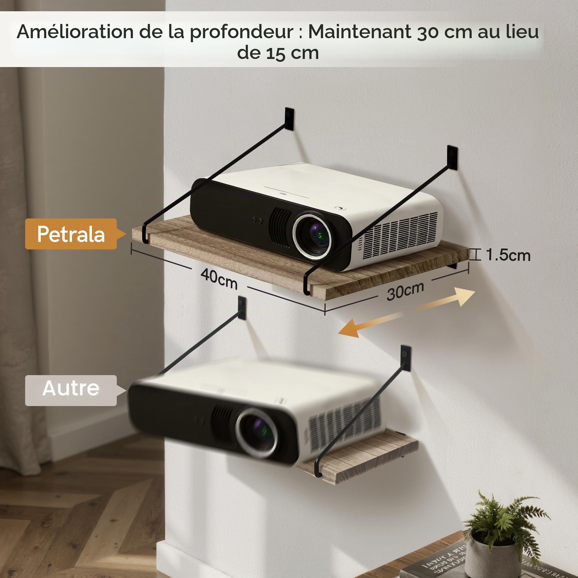 Étagères Murales Larges en Bois 40 x 30 cm Flottantes, Lot de 2 | Grandes étagères flottantes en bois, style rustique, rangement et déco, cuisine, salle de bain, chambre, salon et couloir