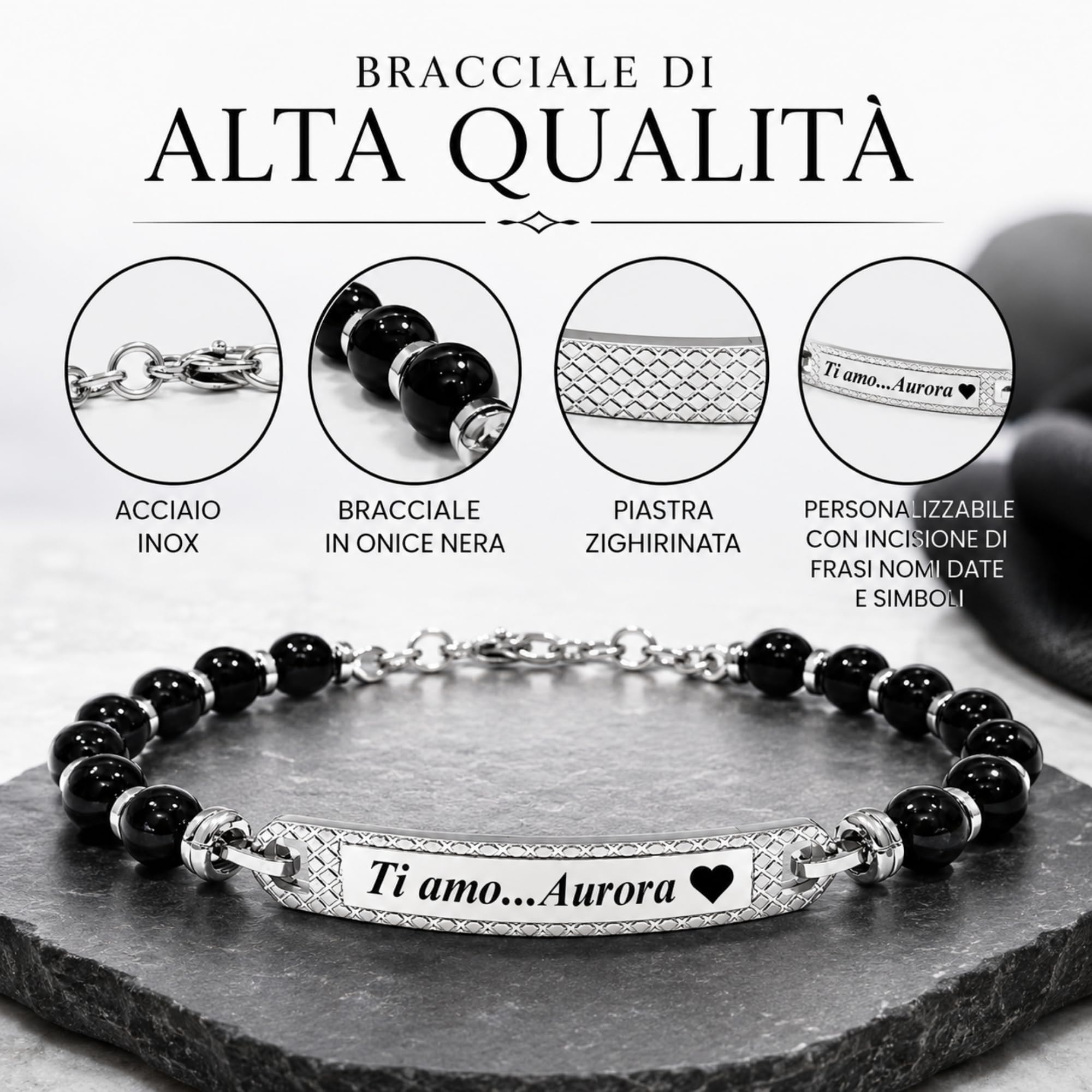 Bracciale Uomo Personalizzabile con Incisione in Acciaio Inox e Pietre Dure Onice Nera – Gioiello Maschile Personalizzato con Frasi e Date – Idea Regalo Uomo