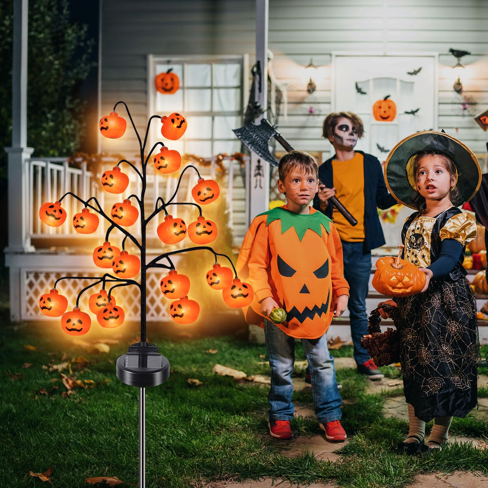 Dekoracja na Halloween, lampy solarne do ogrodu na zewnątrz, 2 sztuki, 20 diod LED, 2 tryby, wodoodporna, dekoracja, ogród, Halloween, pomarańczowa, dynia, lampion, ozdoba