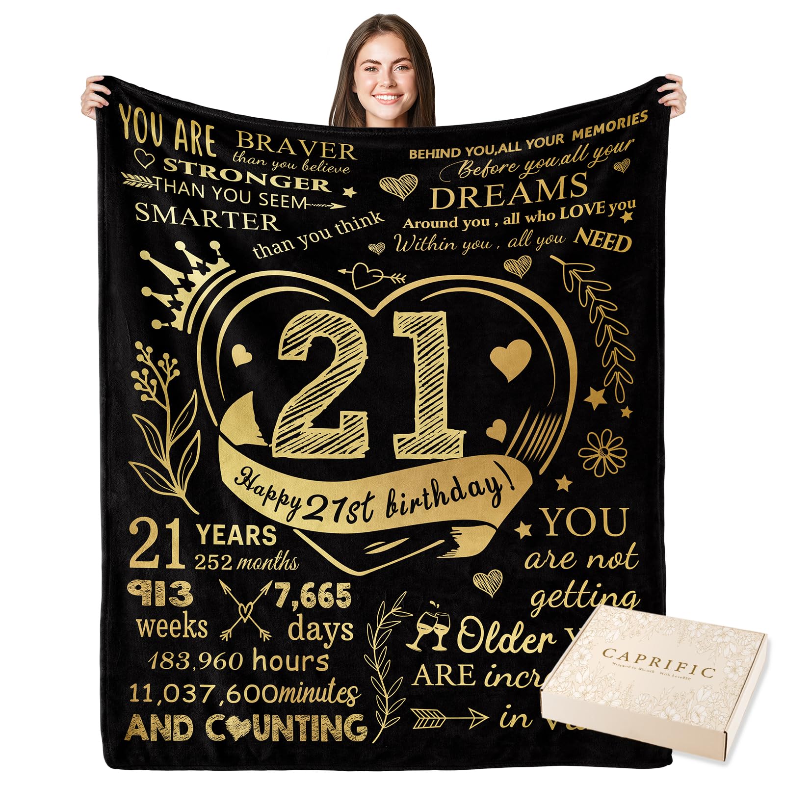 CAPRIFIC 21st Birthday Gifts for Her, 21st Birthday Gift Ideas, Girls 21st Birthday Gifts, Daughter 21st Birthday Gifts, 21st birthday decorations for her, Blanket 150x130cm(Gold) — image 1