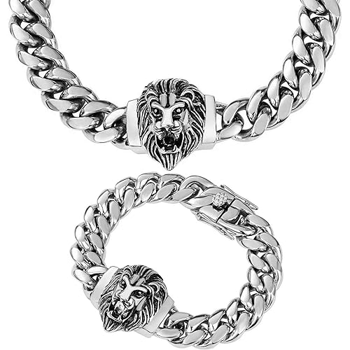 Cuban Link Chain for Men Lion Choker Hip Hop Silver Necklace 18",20" and Bracelet 8.5" Jewelry Set, 14mm Polishing Stainless Steel
