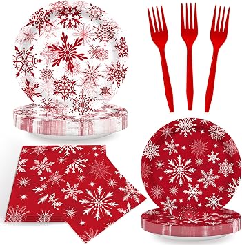 96pcs Red Snowflakes Plates Napkins Christmas Red Snowflakes Party Supplies Christmas Snowflakes Tableware Set Disposable Paper Plates Red Forks for Christmas Party Supplies Serves 24 Guests