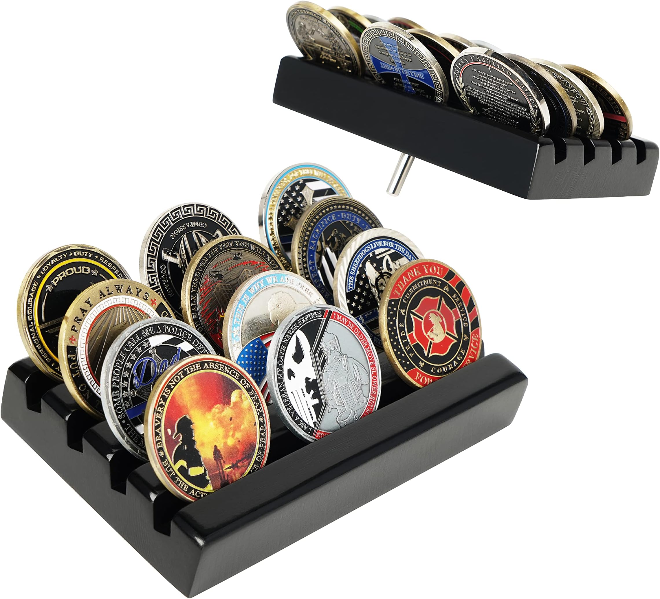 Challenge Coin Holder Display Case 4 Row Solid Wood Military Coin Rack Small Army Coin Stand Holds 12 Coins, Black Finish