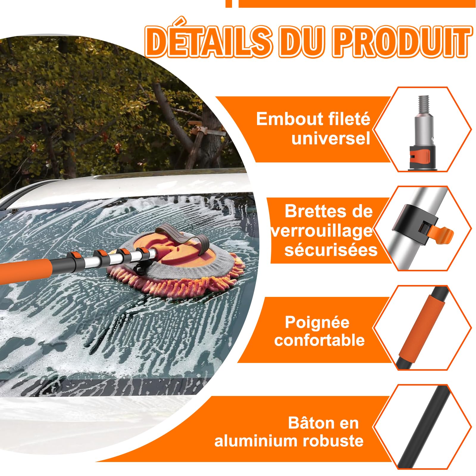 LAANPOLE Brosse Nettoyage Voiture avec Perche Telescopique 6m, Brosse Lavage Voiture avec Brosse Douce, Serpillière en Microfibre, Raclette Vitre, Gant, Brosse Jantes pour Camping-Car, Camion