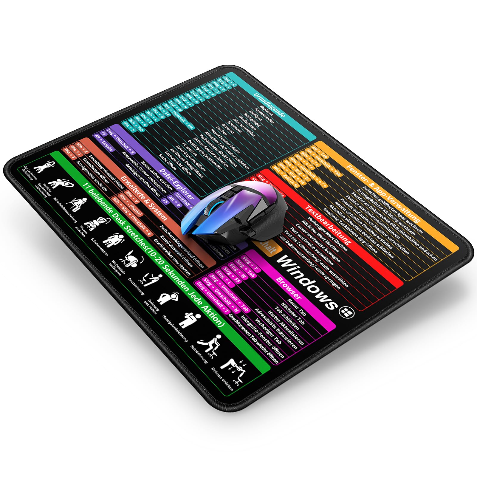 Mauspad 300 x 250 x 3 mm, Windows Tastaturkürzeln Deutsch Mousepad für Office, Mouse Pad Klein, Hochwertiges Polyester Anti Rutsch für Büro und Zuhause