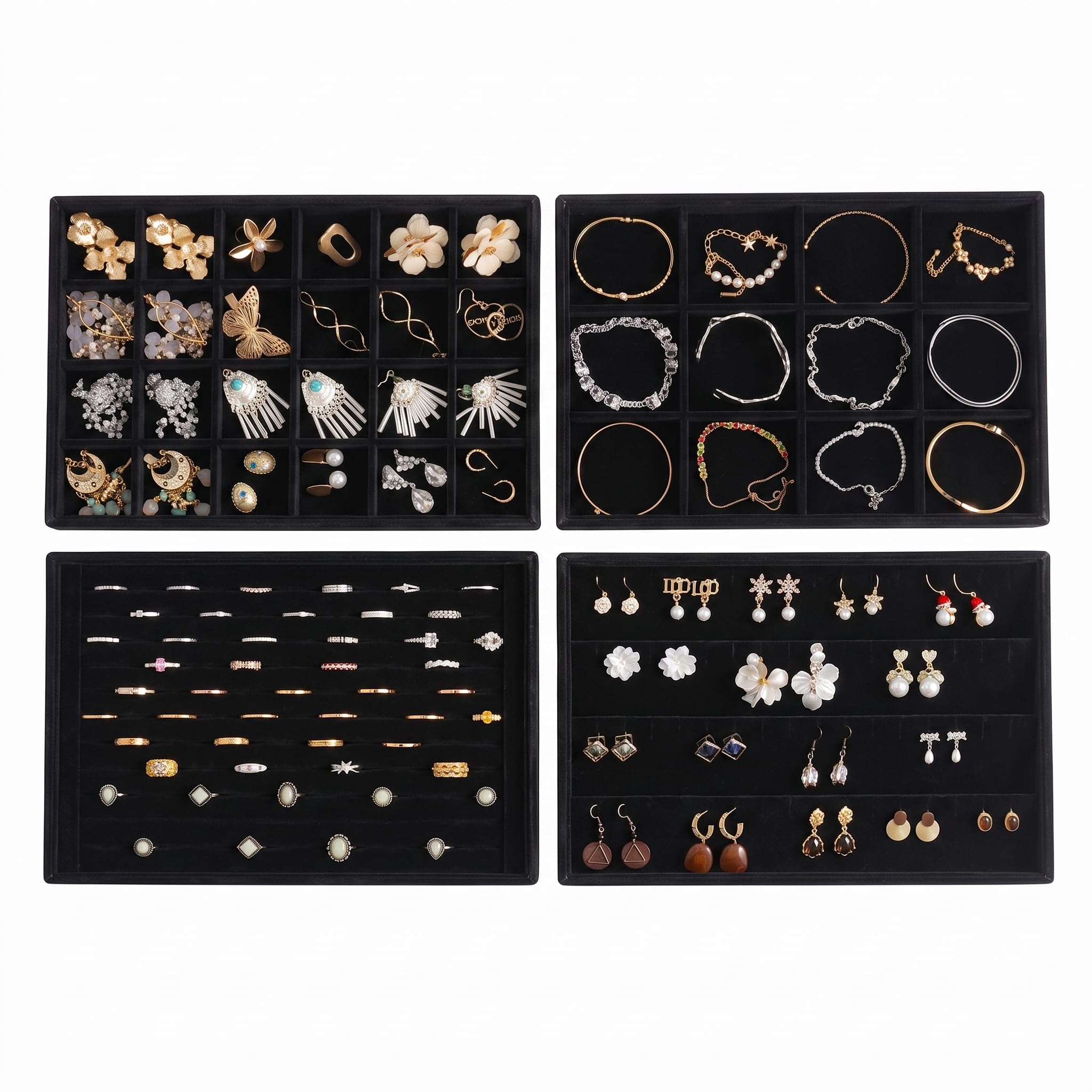 Frebeauty Stackable Velluto Gioielli Organizzatore Vassoi per Cassetti Inserti Gioielli Storage Vassoio Display Caso, Orecchini Stud Bracciali Collana Anelli Accessori Vassoi per Donne(Set di 4,Nero)