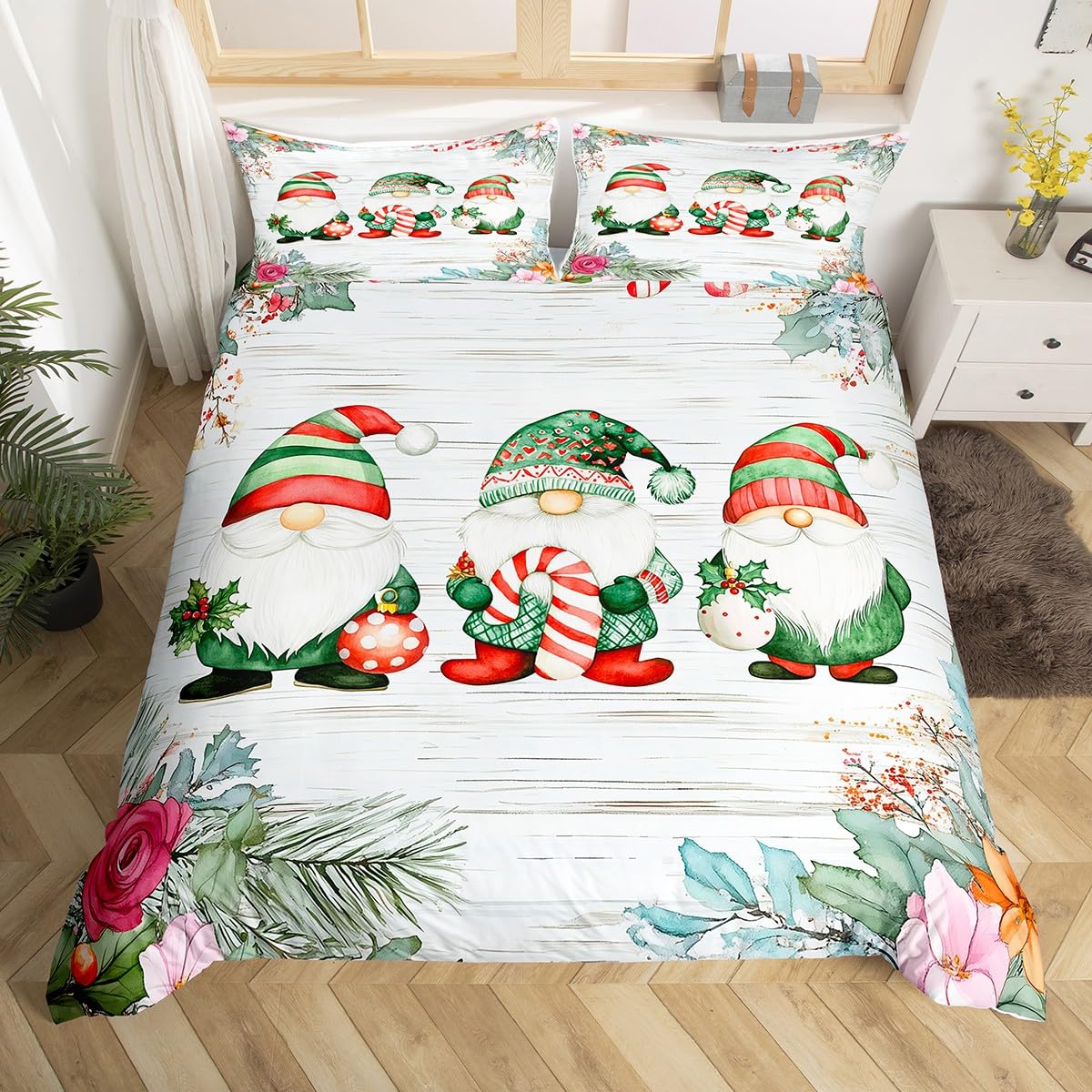 Spring Flower Gnomes Duvet Cover Romantic Rose Floral Cute Bedding Set Super King For Kids Boys Girls Teens Bedroom Decor, Xmas Decor Comforter Cover Lovely Christmas Dwarf Quilt Cover, Colorful โ image 1
