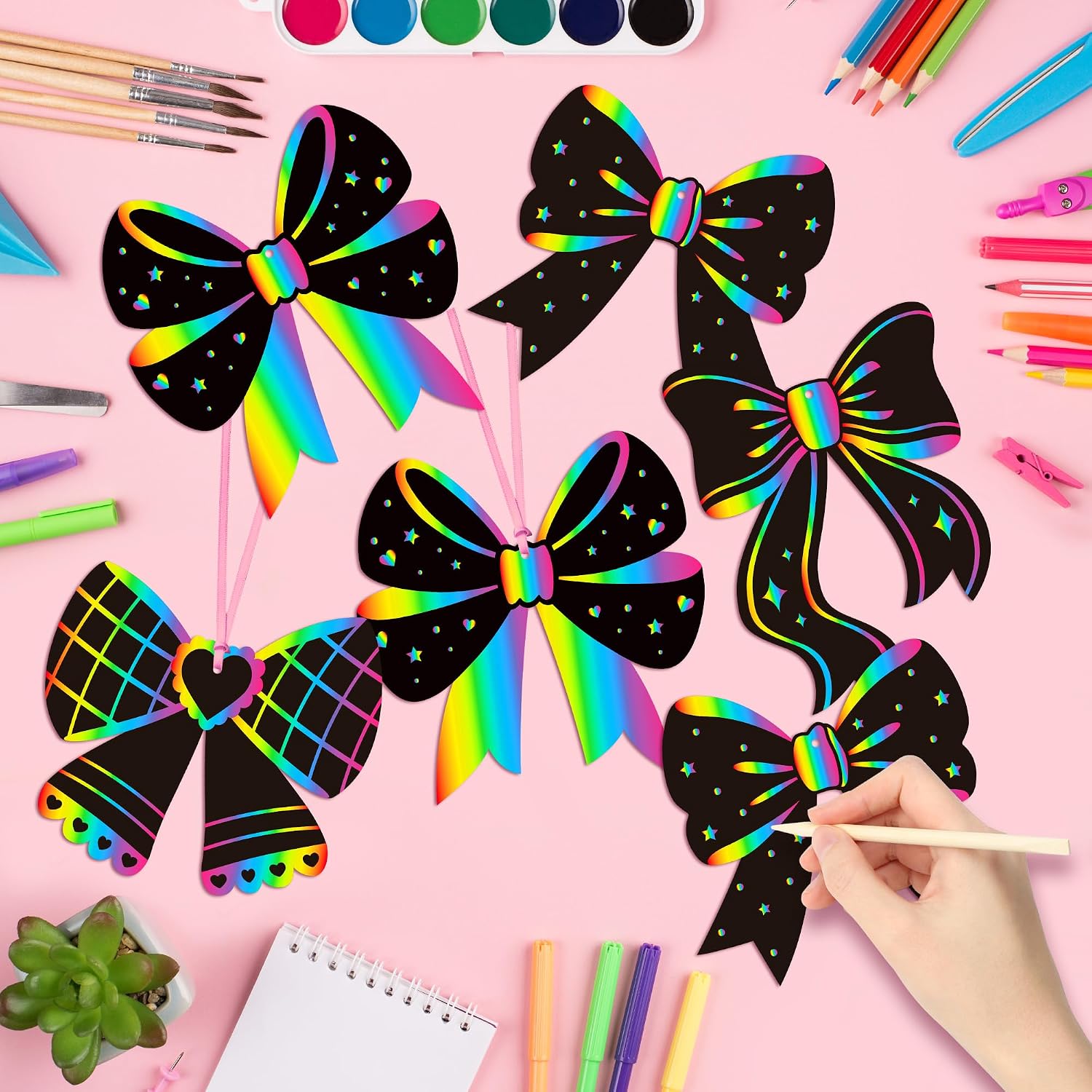 CY2SIDE Coquette Bow Scratch Cards - 60PCS Bow Scratch Paper Craft, Funny Coquette Knot Color Scrape Art Card, Magic Arty Rainbow Color Craft Ornament for School Classroom Art Project image 3