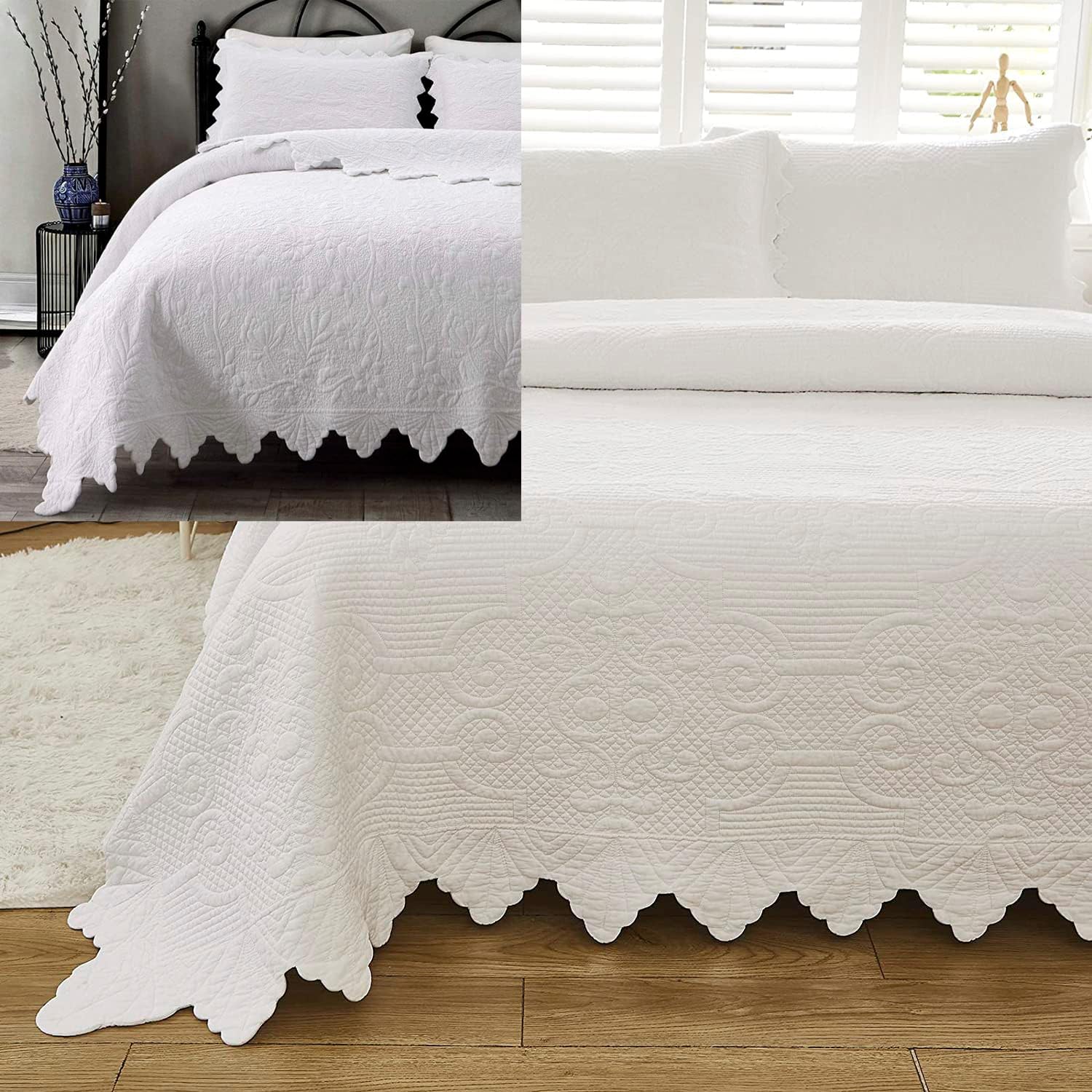 Brandream White Quilts Set King Size Cotton Scalloped