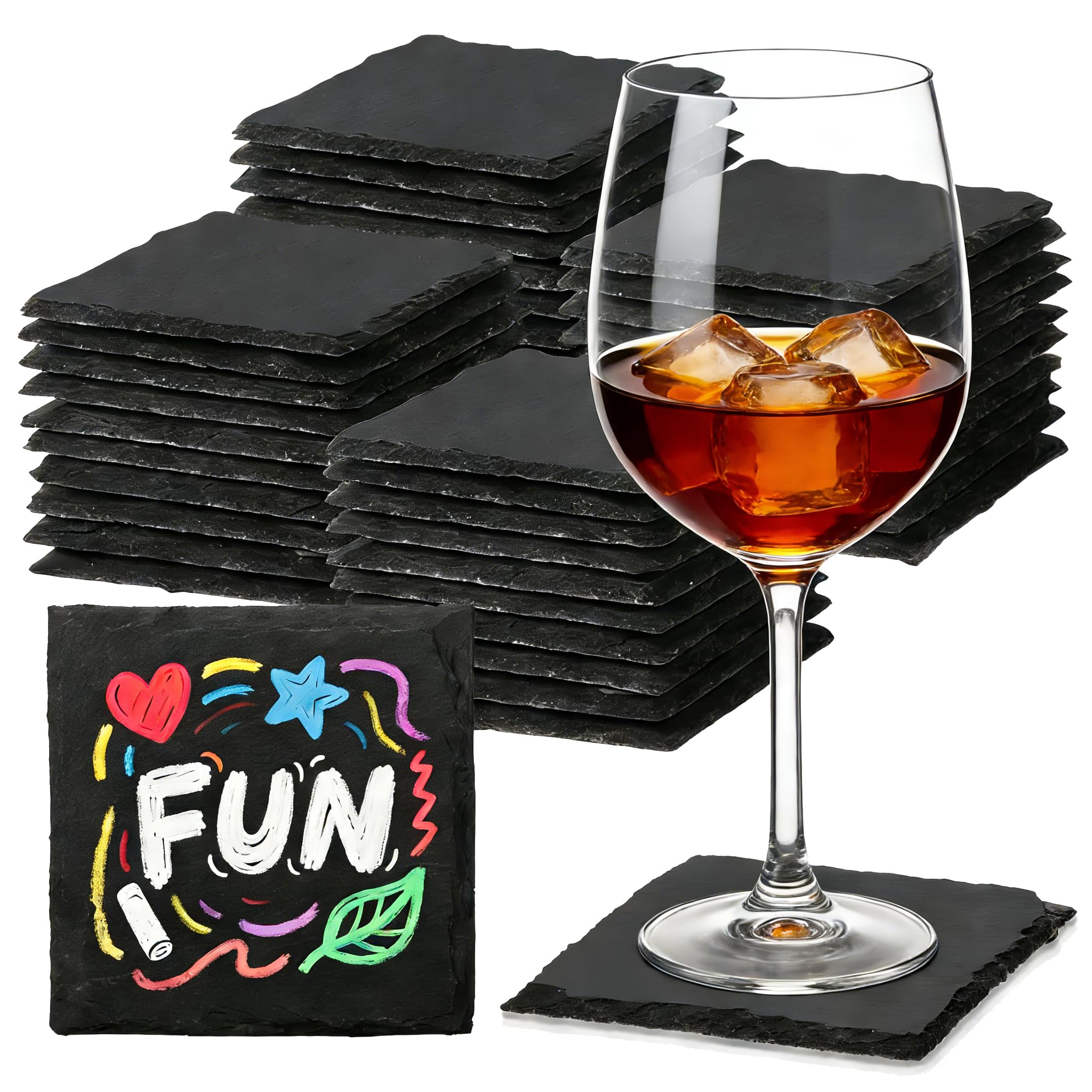 48 PCS Slate Coasters Black Square 4 Inch Bulk Rock, Blank Laser Engraving, Scratch Resistant Bottom, Home Office Kitchen Gift Wedding Bar Party