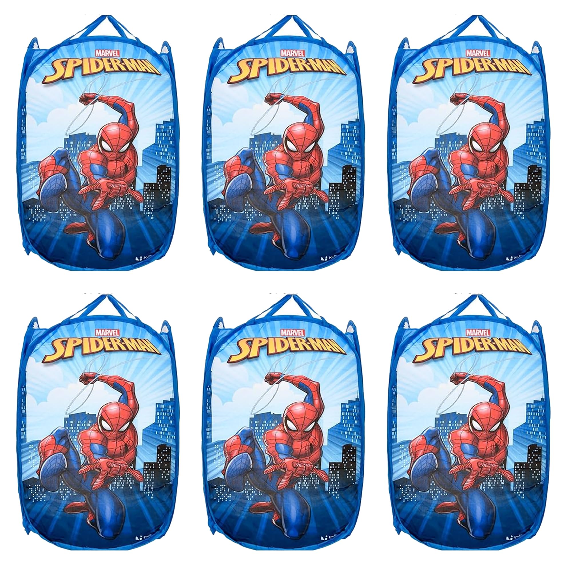 Kuber Industries (Pack of 6) Mesh Laundry Basket | Marvel Spiderman | 30 Ltr-Foldable Toy Storage Basket | Nylon Waste Clothes Laundry with Handle | Sky Blue
