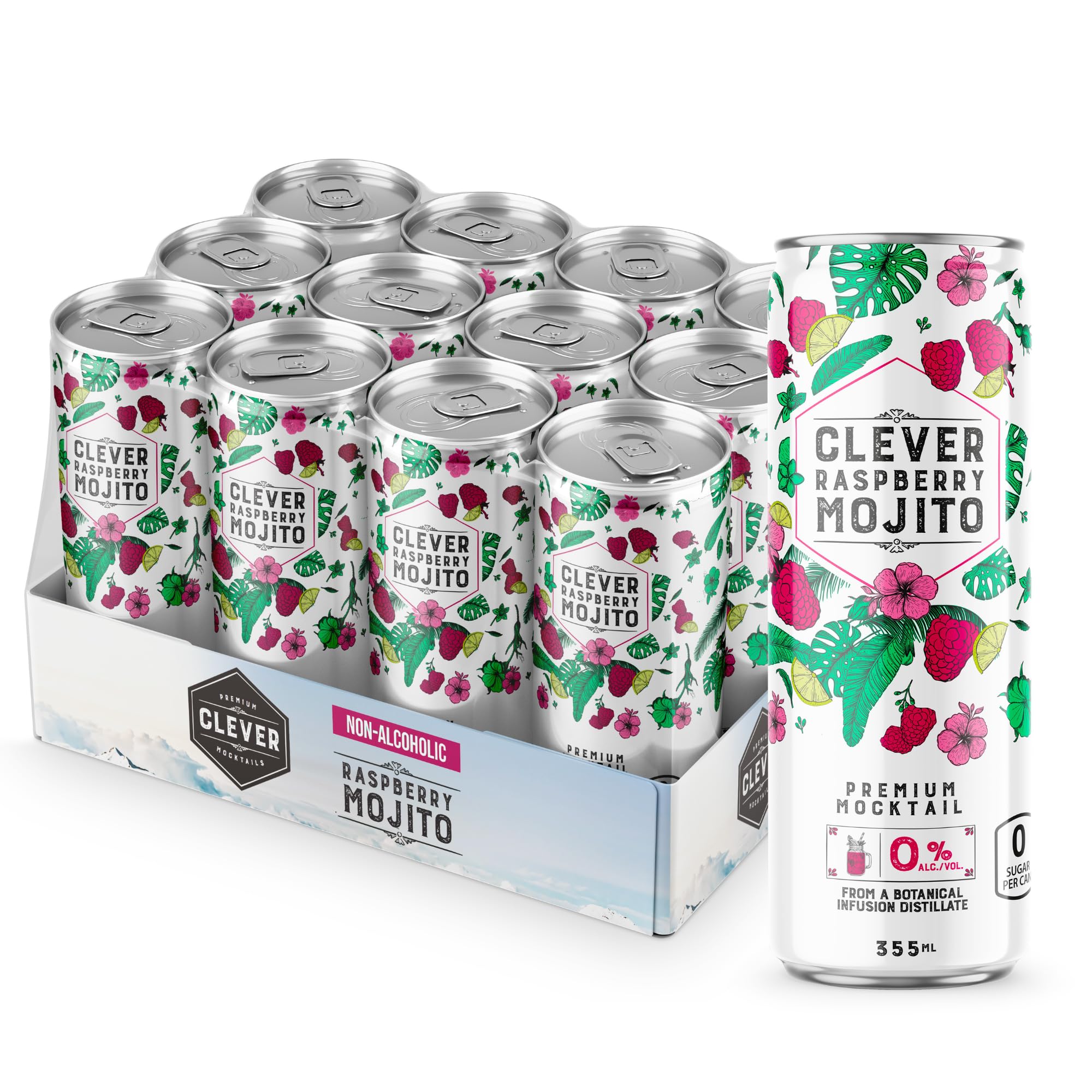 CLEVER - Raspberry Mojito, Nonalcoholic Mocktails for Any Occasion, Sugar-Free Beverages with Botanical Extracts, Low-Calorie Mocktails Non-alcoholic Drinks with 10 Calories, Pack of 12 (12 oz Ea)
