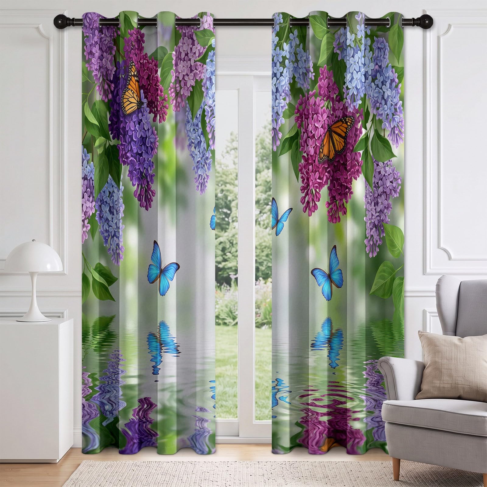 Generisch Natur Blumen Vorhänge für Schlafzimmer 138 x 117 cm (H x B), Thermo Verdunkelung Flieder Schmetterling Vorhang Wohnzimmer Kälteschutz - Blickdichte Gardinen mit Ösen, 2 Stück