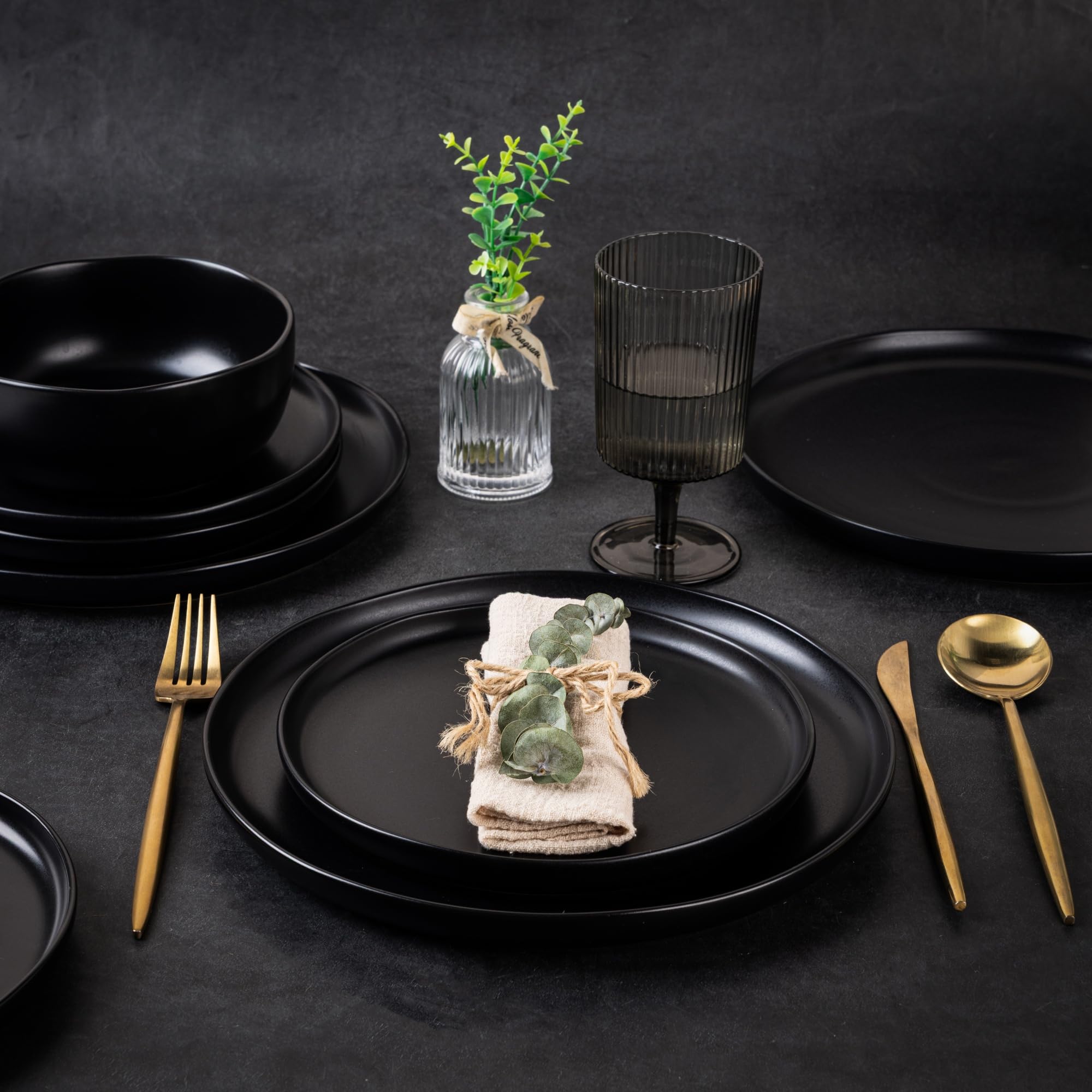 AmorArc Juego de 6 platos de porcelana con borde ondulado de 10.5 pulgadas, platos de cerámica grandes para cocina, microondas y lavavajillas, resistente a los arañazos, esmalte reactivo negro mate