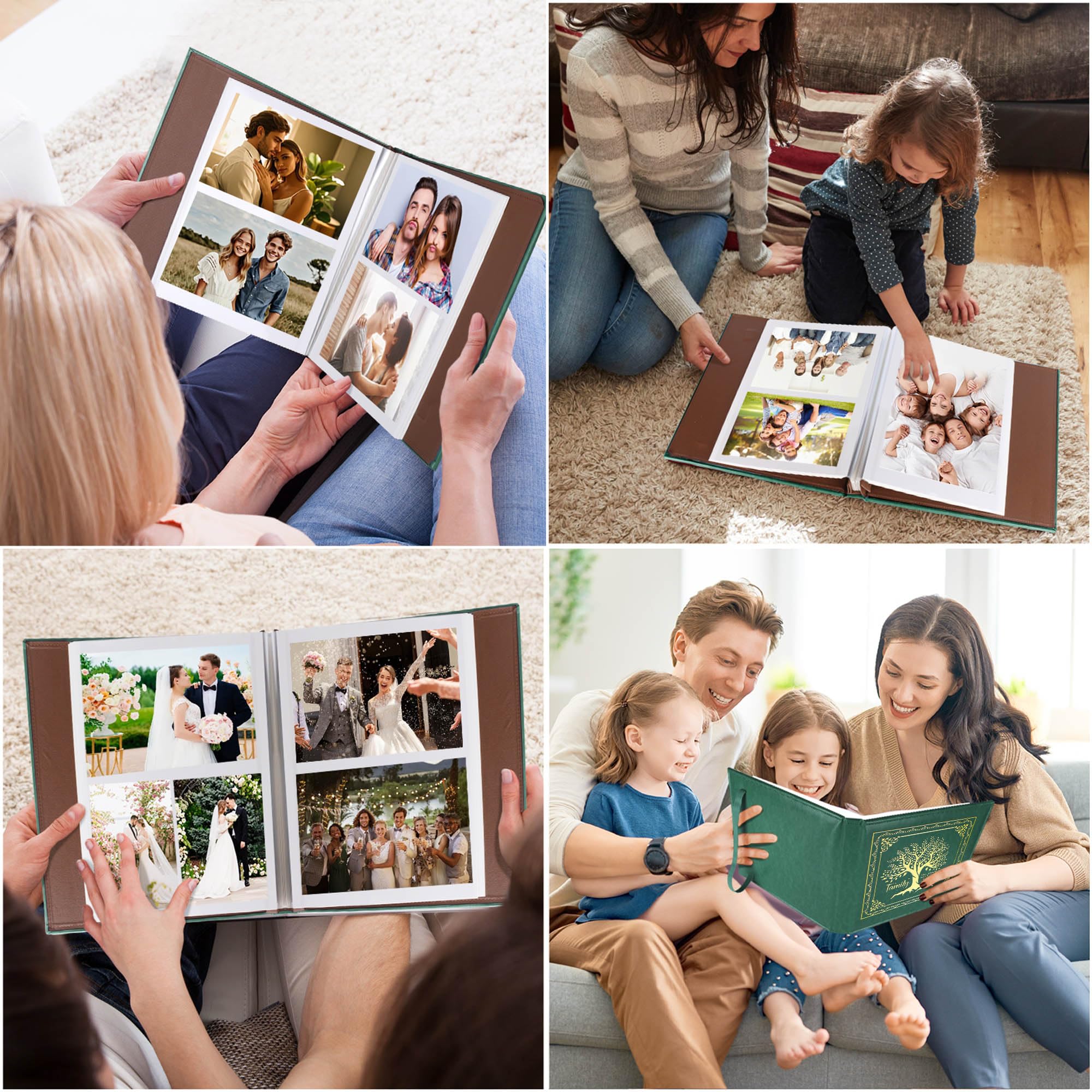 Stammbaum, magnetisches Fotoalbum mit selbstklebender Seite, für 3 x 5, 4 x 6, 5 x 7, 6 x 8, Bilder, DIY, Familie, Ledereinband, Album für Familienmitglieder (Album, Baumgrün)