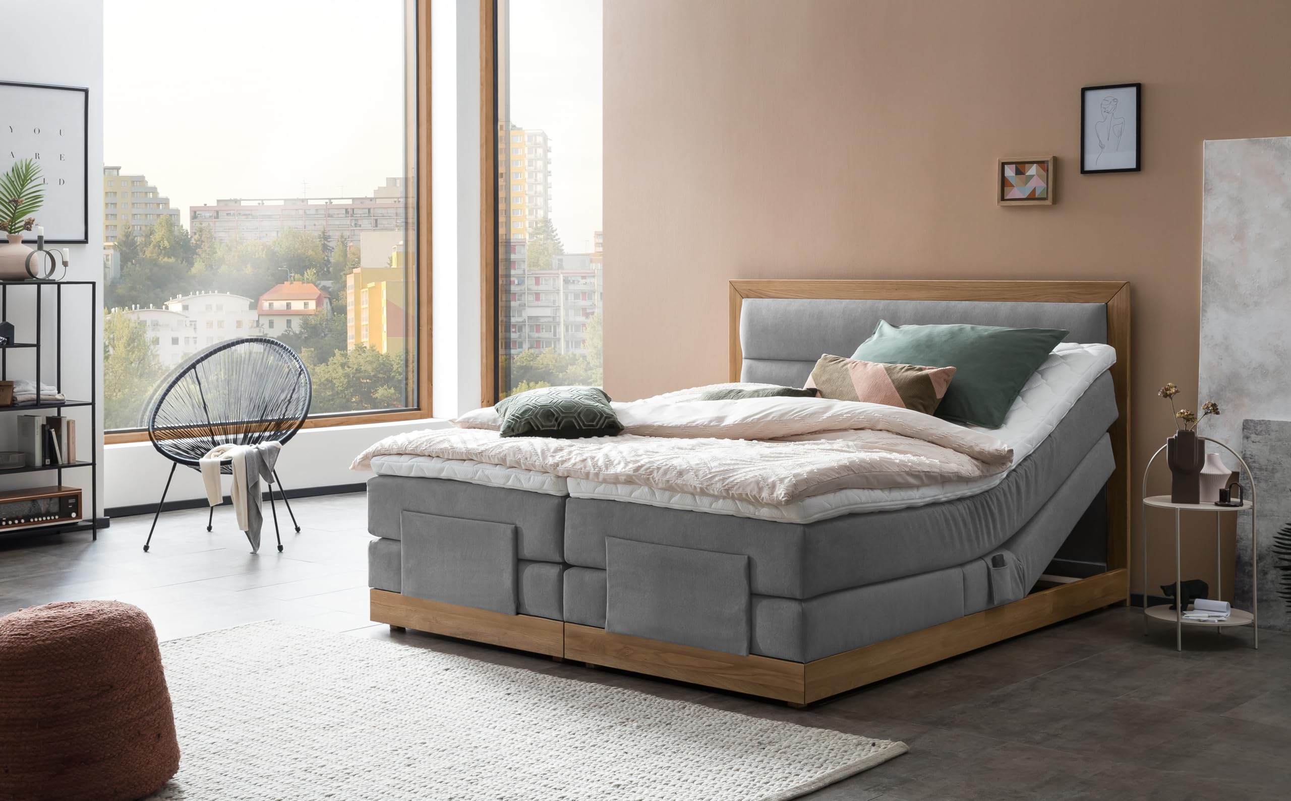 Belanoti MODELA Boxspringbett 160x200 elektrisch verstellbar 7-Zonen Taschenfederkern Matratze inkl Visco Topper Bett 160x200 mit Motor Farbe Hellgrau H2/H3 Polsterbett Motorbett Massivholz Eiche