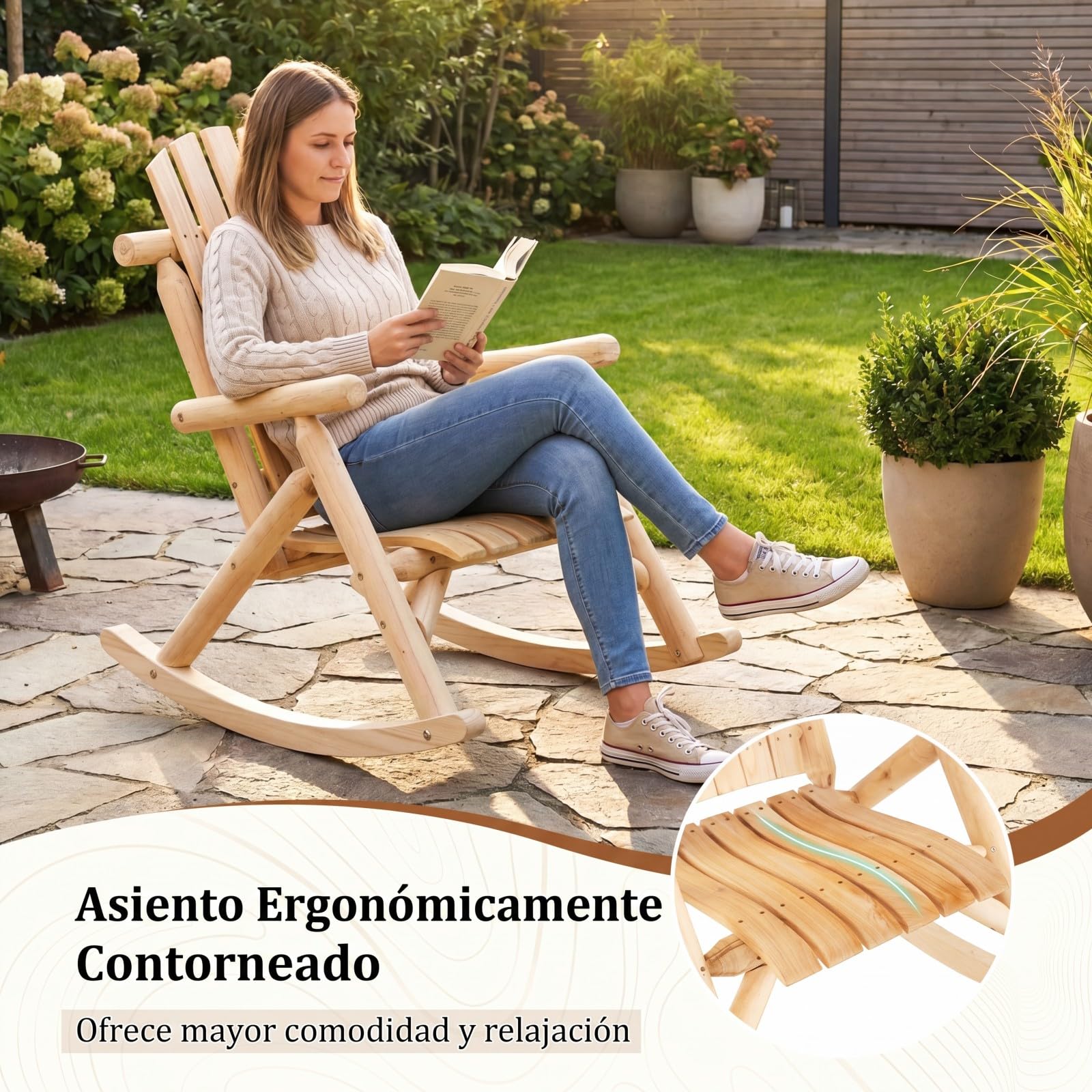 COSTWAY Silla Mecedora Adirondack, Mecedora de Madera Maciza con Asiento Curvado y Respaldo Alto, Mueble Balancín de Exterior Jardín Porche Terraza, Carga 150 kg, 99 x 68 x 99 cm