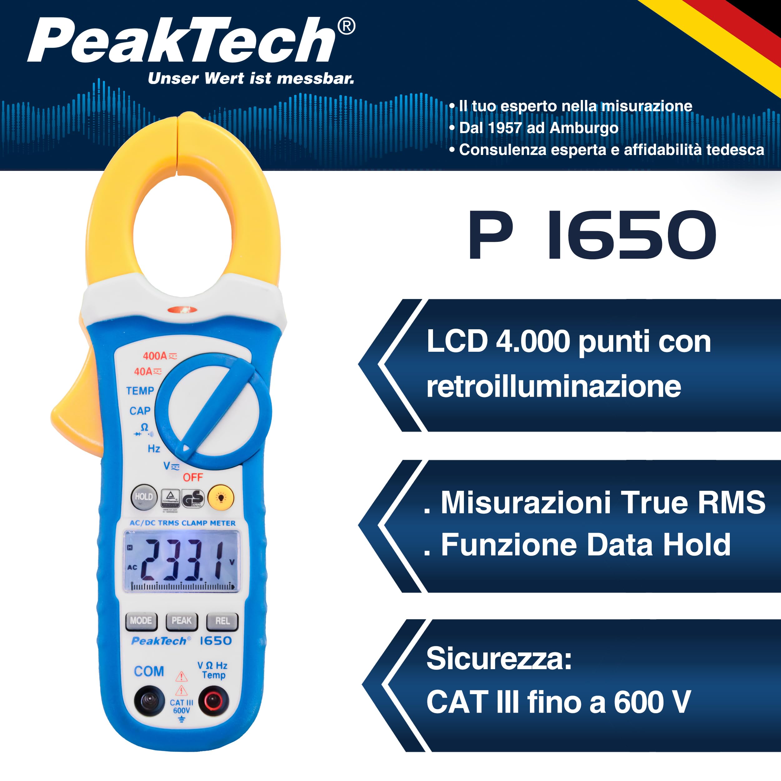 PeakTech 1650 – Morsetti con vero RMS AC/DC 400A, 4000 conteggi, Multimetro digitale, Voltmetro senza contatto, Amperometro, Tester di continuità - Max. 600 V