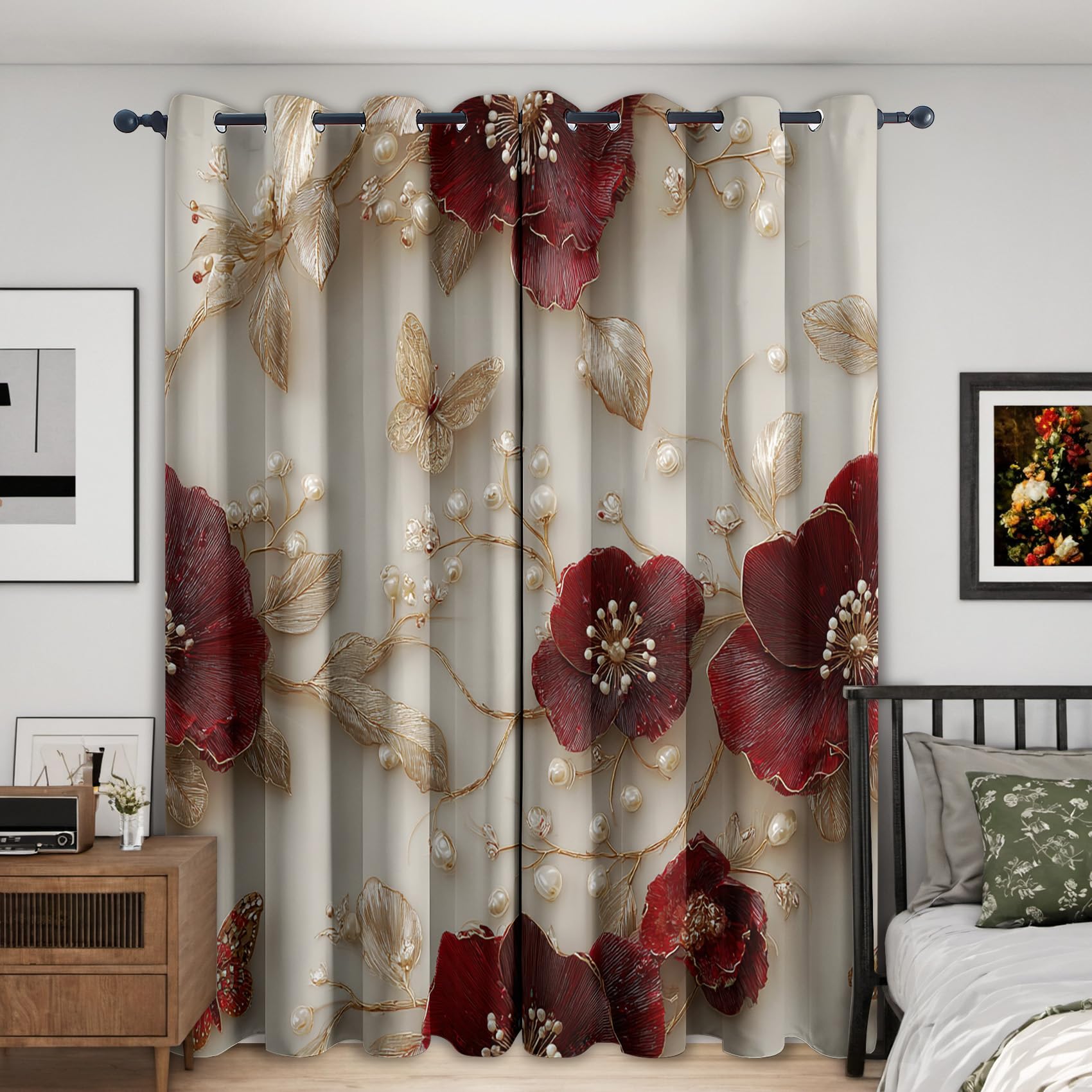 Red Floral Curtains 46 x 54 Inch 2 Panels, 95% Blackout, 3D Flower Curtains for Bedroom, Living Room, Home Decor, Thermal Insulated Eyelet Window Drapes YD29