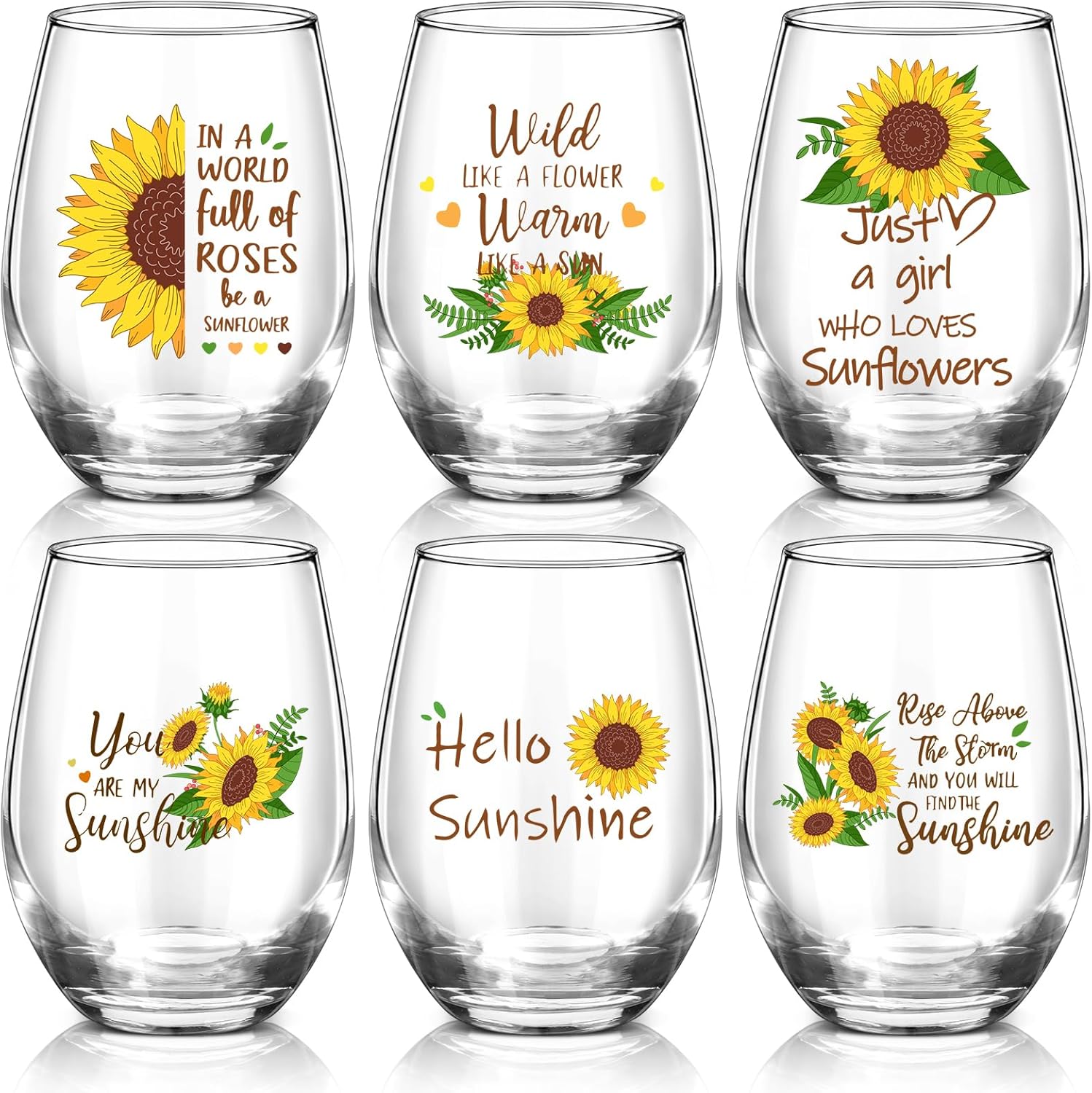 6 Pcs Sunflower Tumbler 15oz Wine Glasses Sunflower Gifts for Women You Are My Sunshine Whiskey Cups for Mother's Day Summer Spring Birthday Party Supplies Mom Gift