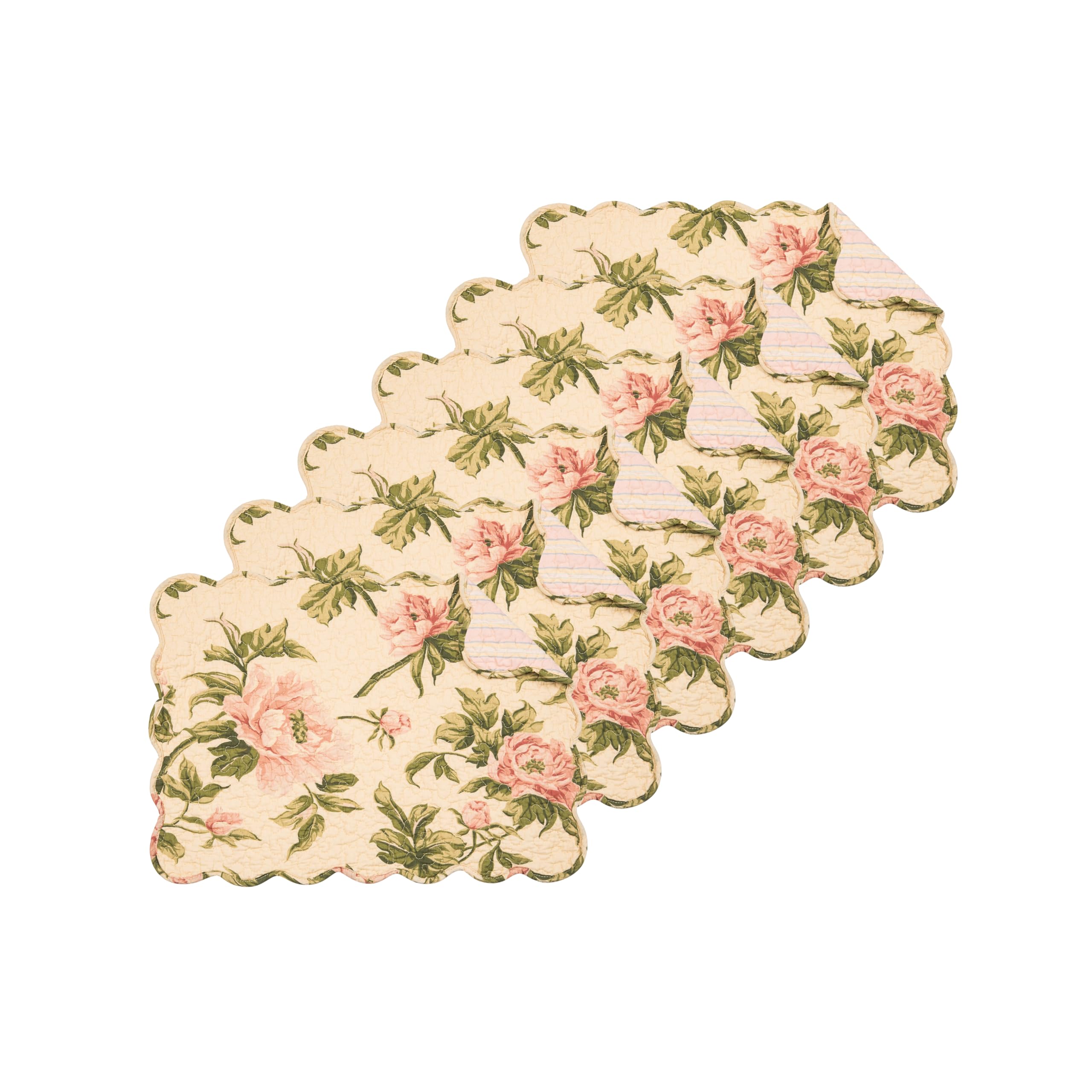 C&F HomeJournee Reversible Scalloped Quilted Vintage Floral Flower Themed Dining Tabletop Placemats Set of 6 All Seasons Spring Summer Home Kitchen Dinner Table Décor Decoration S/6 Pink & Cream
