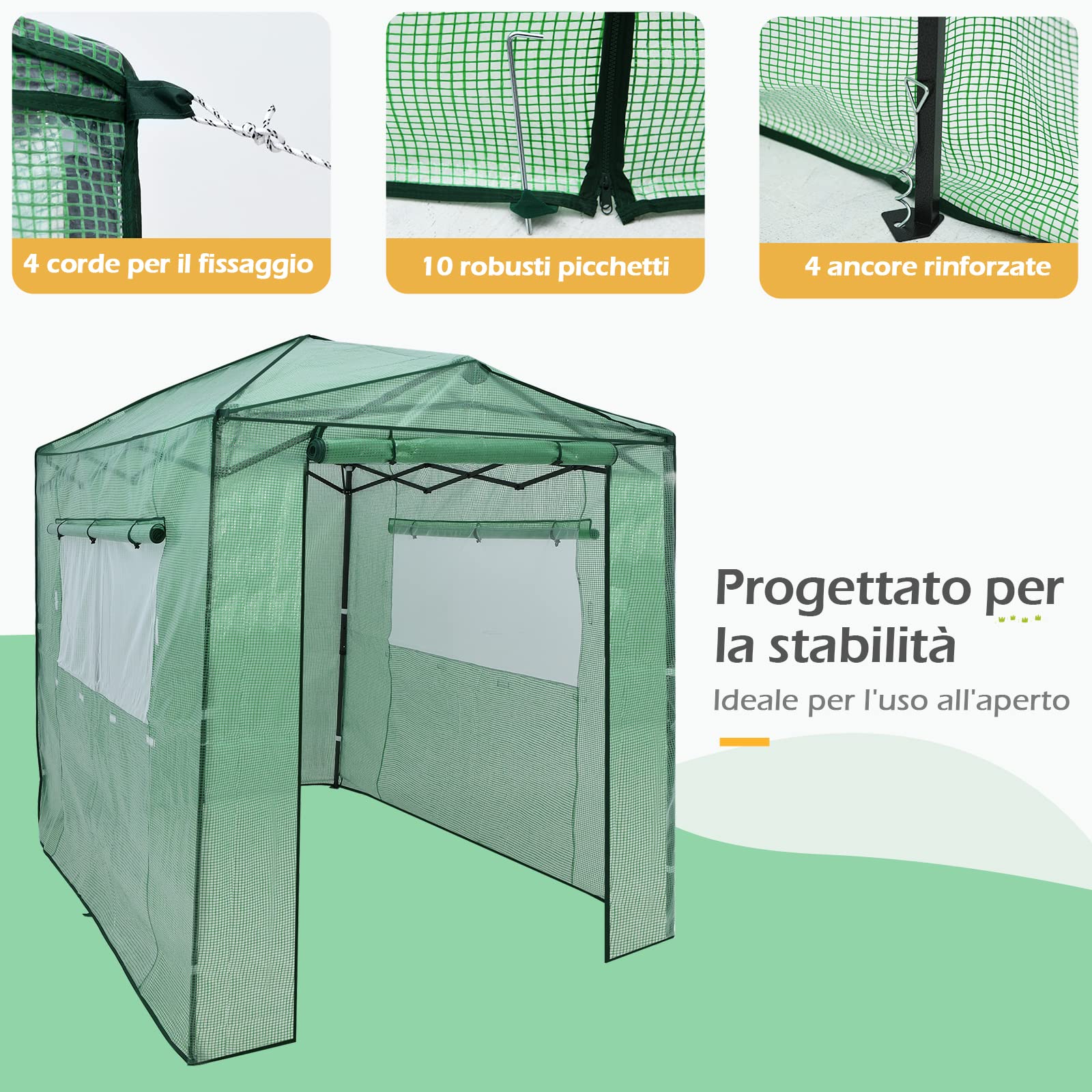 COSTWAY Serra per da Giardino 180 x 250 x 230 cm, Serra per Orto e Piante con Telaio Robusto, 2 Finestre Grandi e 2 Porte Arrotolabili con Doppia Cerniera, Serra da Eterno Pieghevole