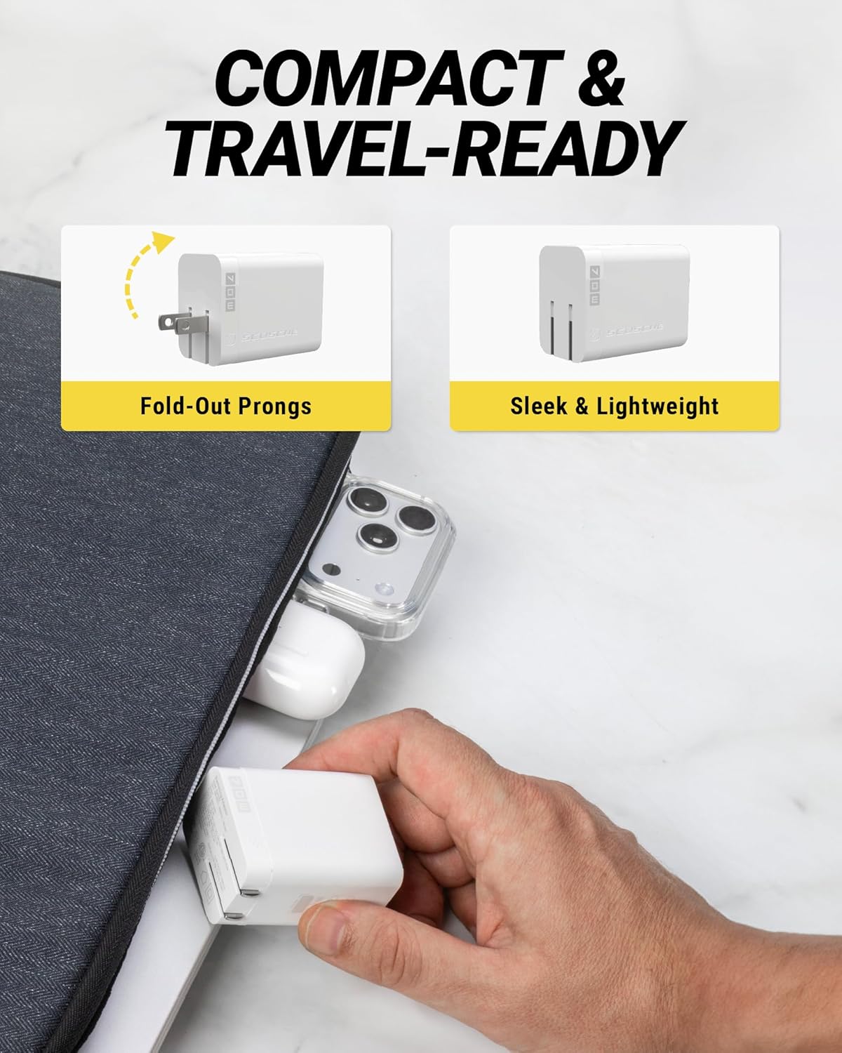 Scosche PowerVolt 70W Fast Charging Compact 3-Port Wall Charger Block, Dual USB-C & USB-A GaN Power Delivery Adapter with Foldable Plug for iPhone 16/15 Pro, iPad, MacBook Air, Galaxy S25/S24 & More