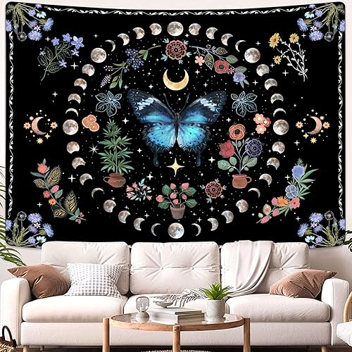 Miniatura 2 de Fowocu Tapiz de mariposa azul con flores y luna, bohemio, para dormitorio, estético, naturaleza, tapiz, para colgar en la pared, mandala botánico,