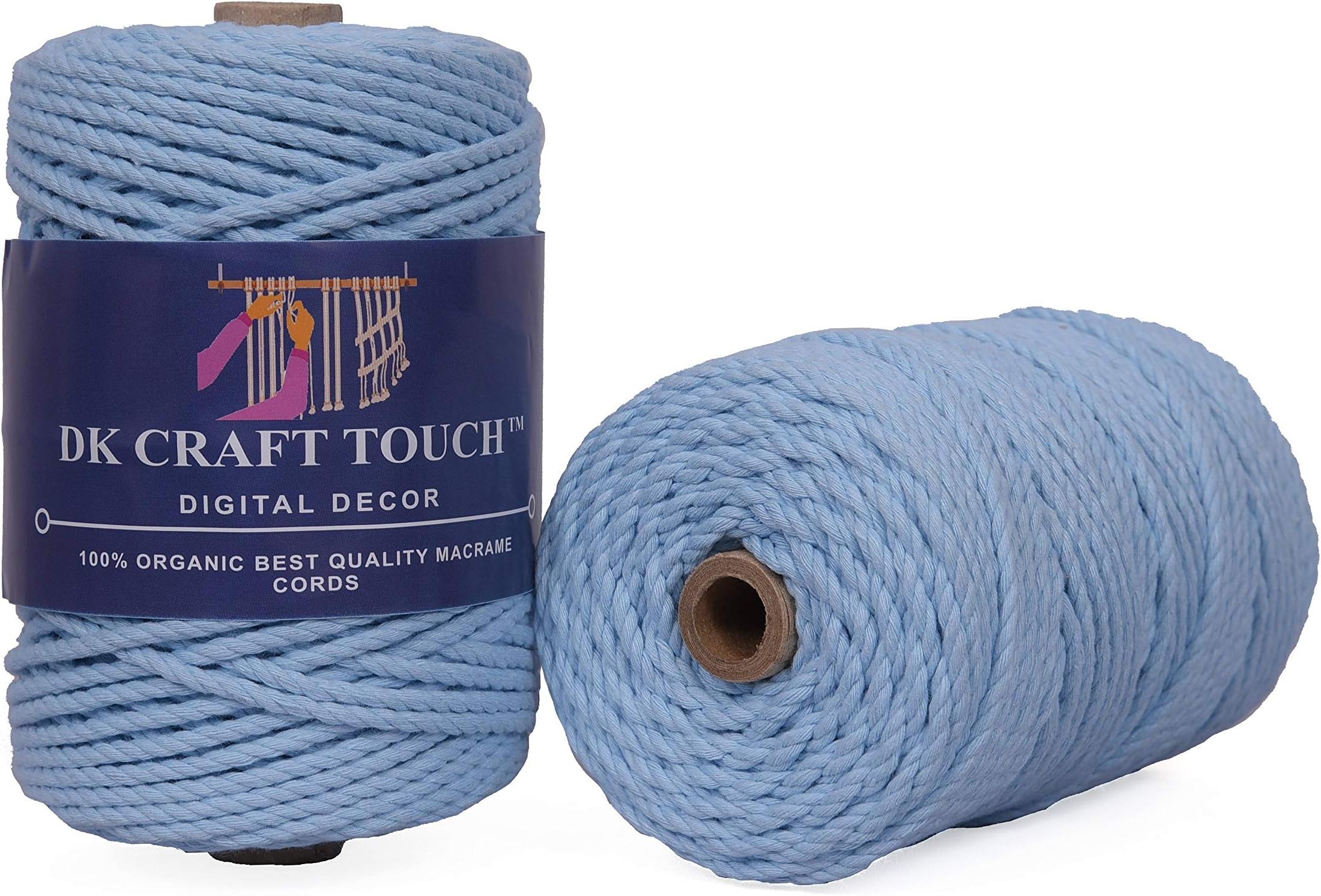 DK Craft Touch Ice Blue Color Twisted Macrame Cotton Cord/Thread for Craft Work,Plant Hanger Ropes 3 ply (Ice Blue, 6mm(50 Metre) Length)