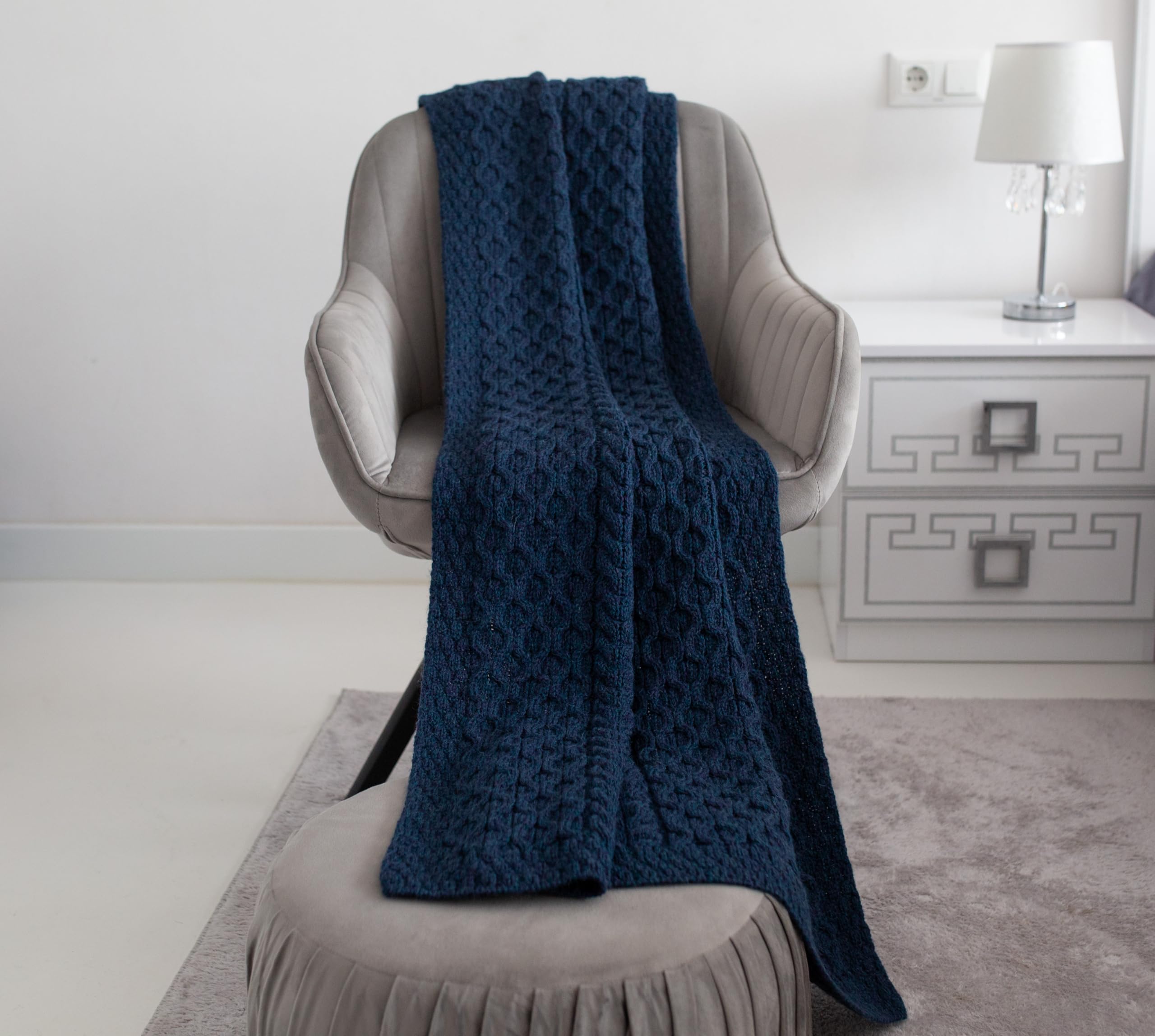 Plaid irlandais 100% laine mérinos douce bleu océan de prestige