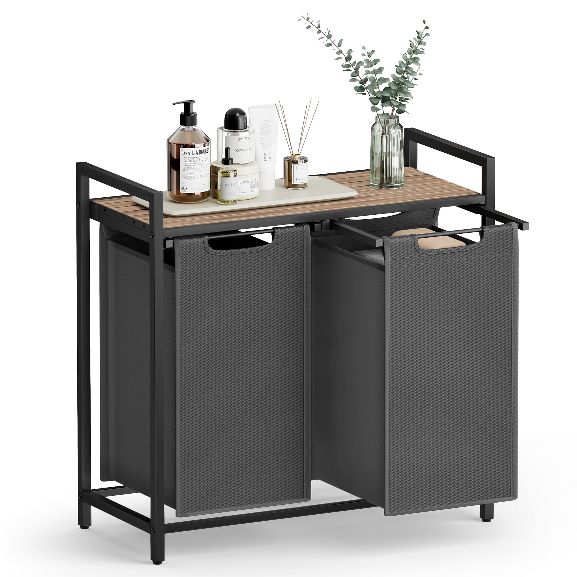 Vasagle Camel Brown And Grey Laundry Basket, 2-Compartment Laundry Hamper, Pull-Out And Removable Laundry Bags, Laundry Sorter, Shelf, Metal Frame, 2 X 46L, 73 X 33 X 72 Cm, Blh201g50