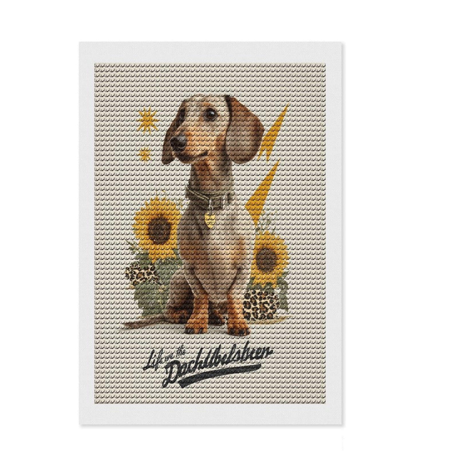 Junmoney Dachshund Charm Full Drill Diamond Painting Kit 8"x12", for Creative Relaxation, Printed Canvas, Farmhouse Decor, Christmas Gift