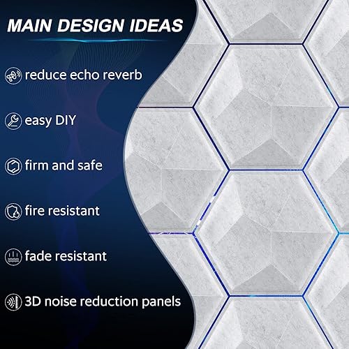 Miniatura 4 de Paquete de 12 paneles acústicos hexagonales 3D, paneles acústicos de 14 x 14 x 0.2 pulgadas, paneles acústicos de pared, paneles de pared