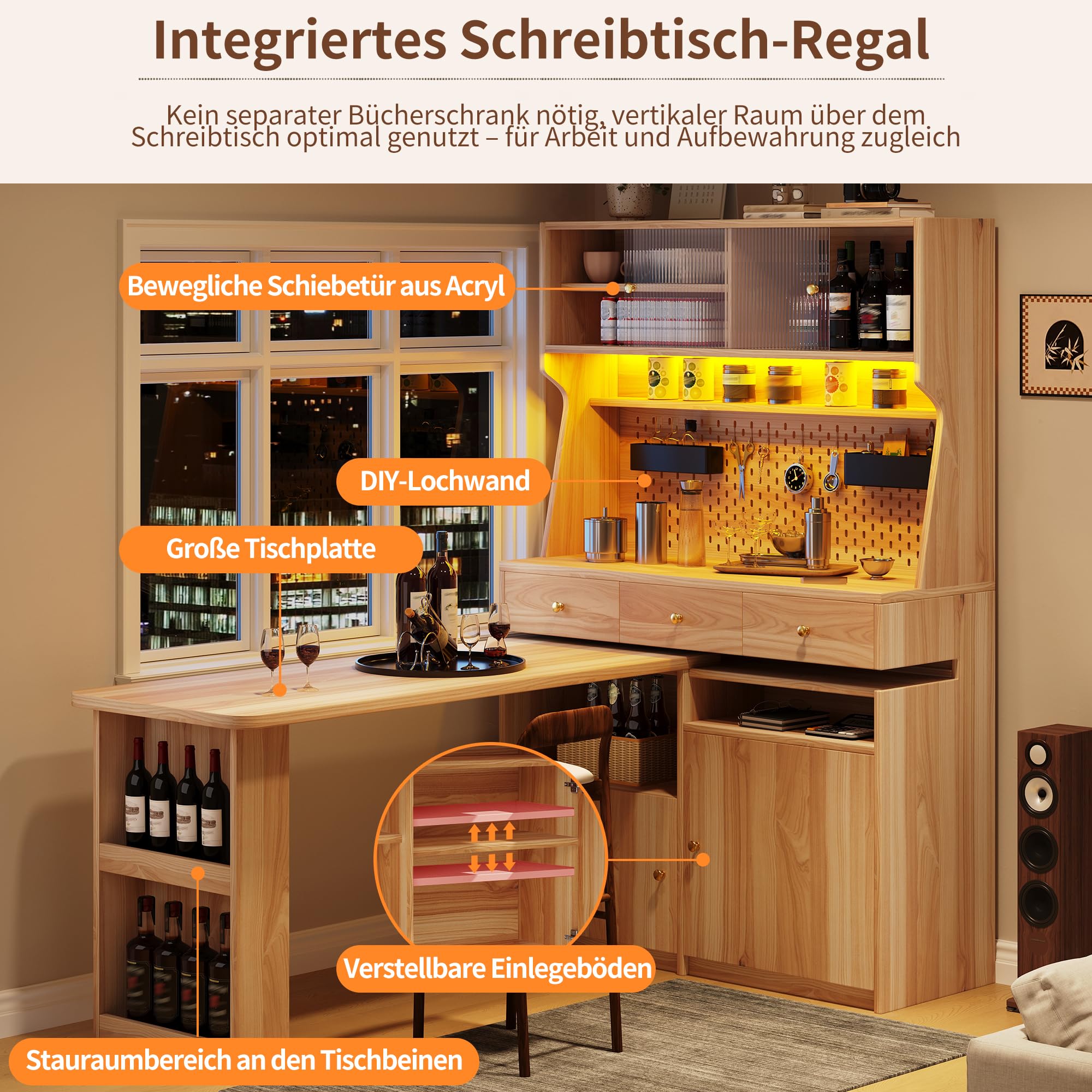 Kebnor Armadio alto con scrivania e tavolo da bar, armadio multifunzione con illuminazione a LED e controllo app, ante in vetro e ripiani regolabili, per soggiorno, sala da pranzo (marrone naturale D)