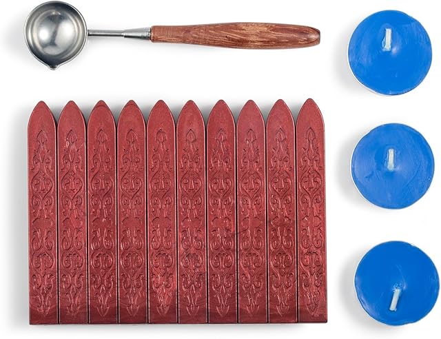 Mceal Sealing Wax Set Non-Wicked Magic Arrow Sealing Wax with Retro Rosewood Handle Wax Seal Spoon and Candles 14 Pieces(Wine Red)