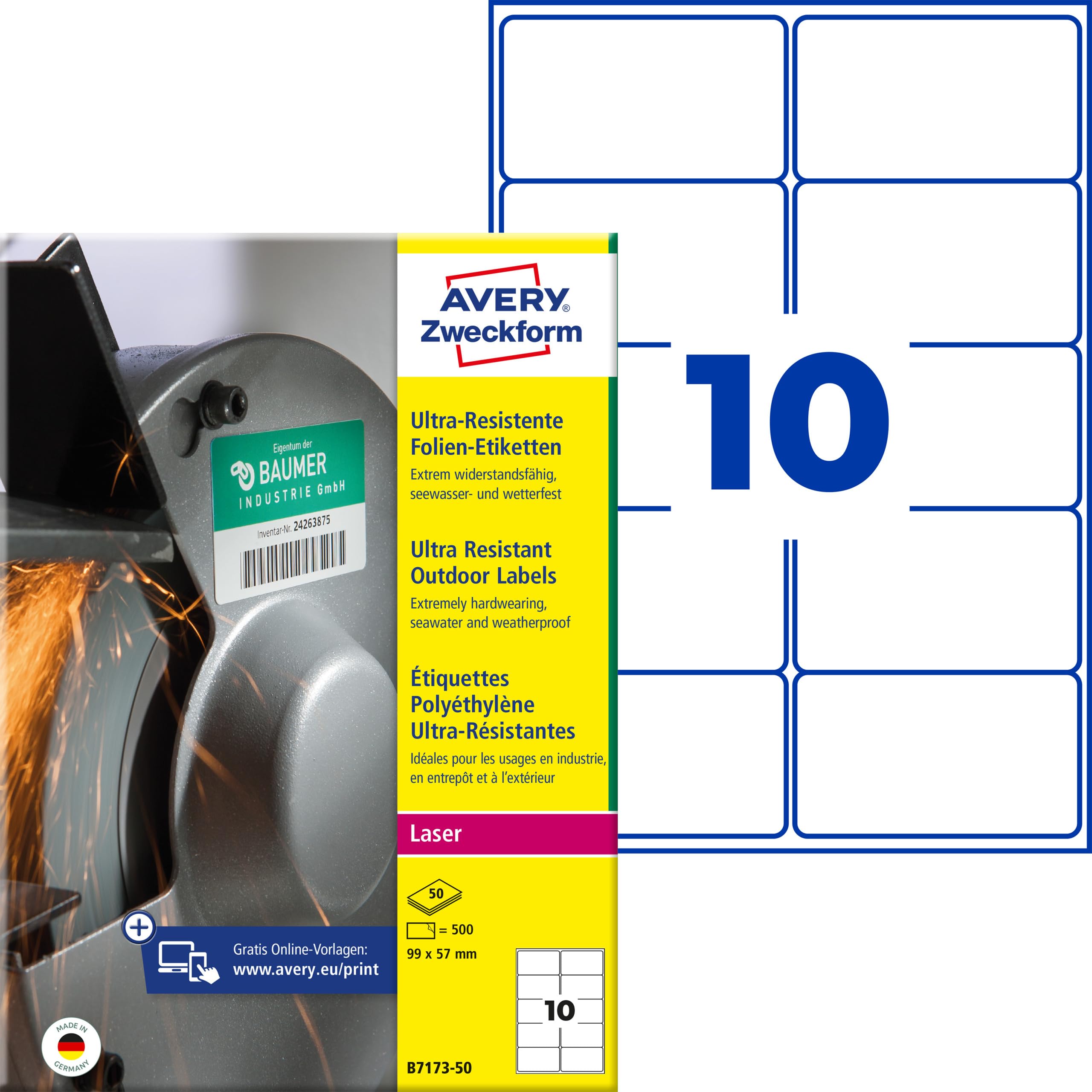 AVERY Zweckform B7173-50 Strapazierfähige Folienetiketten (500 Aufkleber, 99x57mm auf A4, extrem stark selbstklebend, für schwierige Oberflächen, bedruckbare Outdoor Klebefolie) 50 Blatt, weiß
