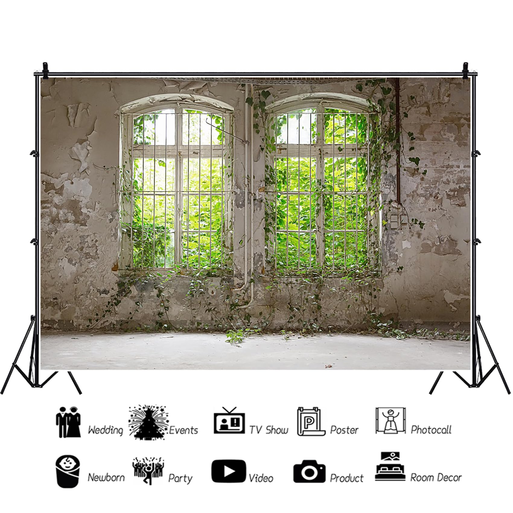 BELECO 15x8ft Fabric Abandoned Empty House Backdrop Creepy Scene Haunted House With Window View Gloomy Building Interior Background Horror Halloween Themed Party Decorations Studio Photo Props