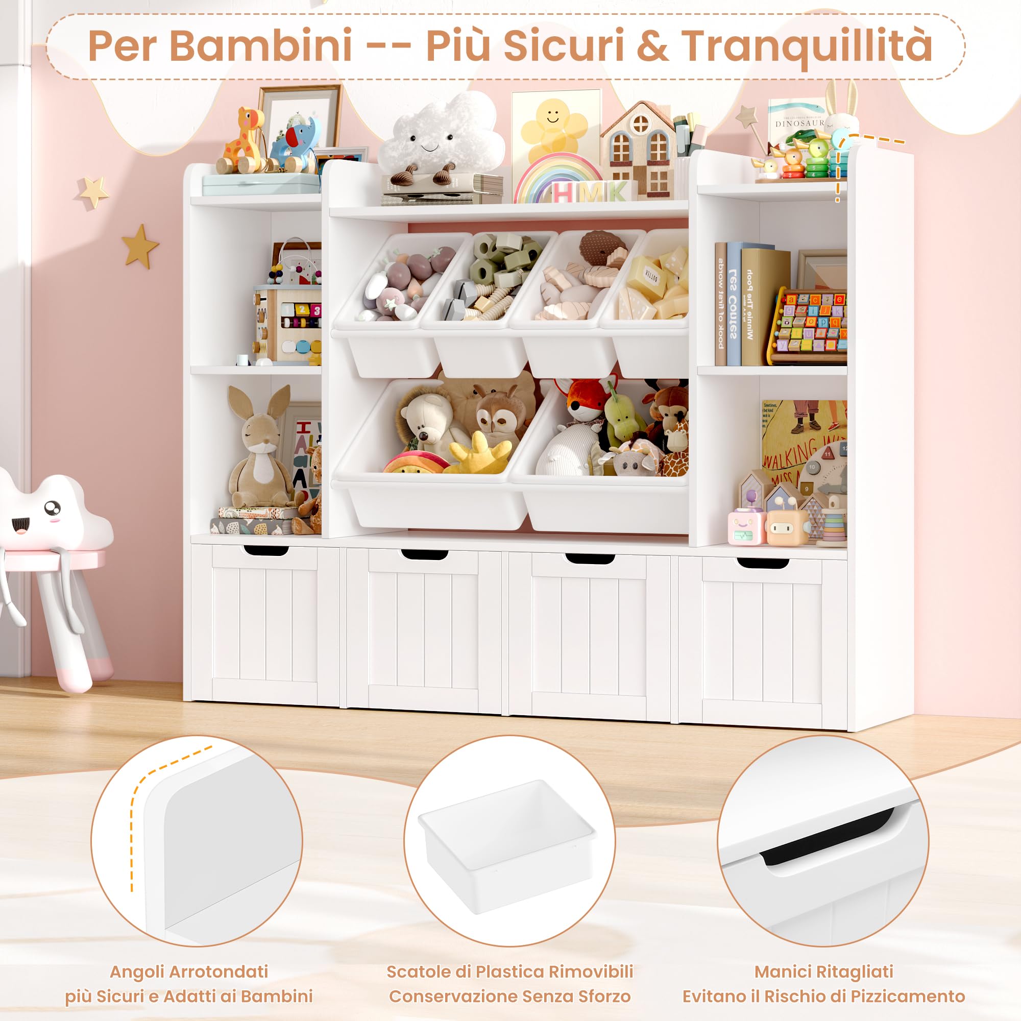 FOREHILL Scaffale per Giocattoli con Cassetti su ruote 140x30x106cm Bianco | Scaffale Portagiochi bimbi con 6 Scatole Rimovibili,Archiviazione per Peluche,Altezza adatta bimbi,Per Camerette, Sale Giochi