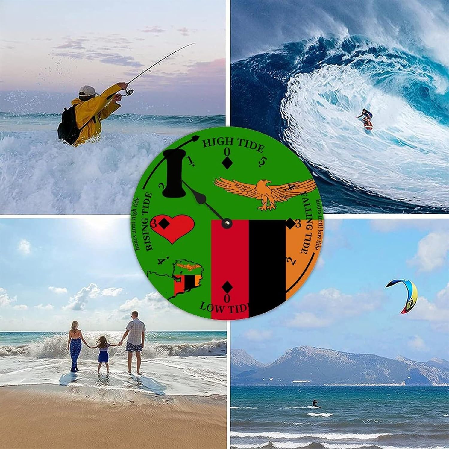 Cheyan Zambia Flags National Flag Tide Clock Silent Non-Ticking Battery Operated Wooden Moon Nautical Tide Movement Clock for Sailing Living Room Restaurant Home Decor Wood Wall Art 12x12 in