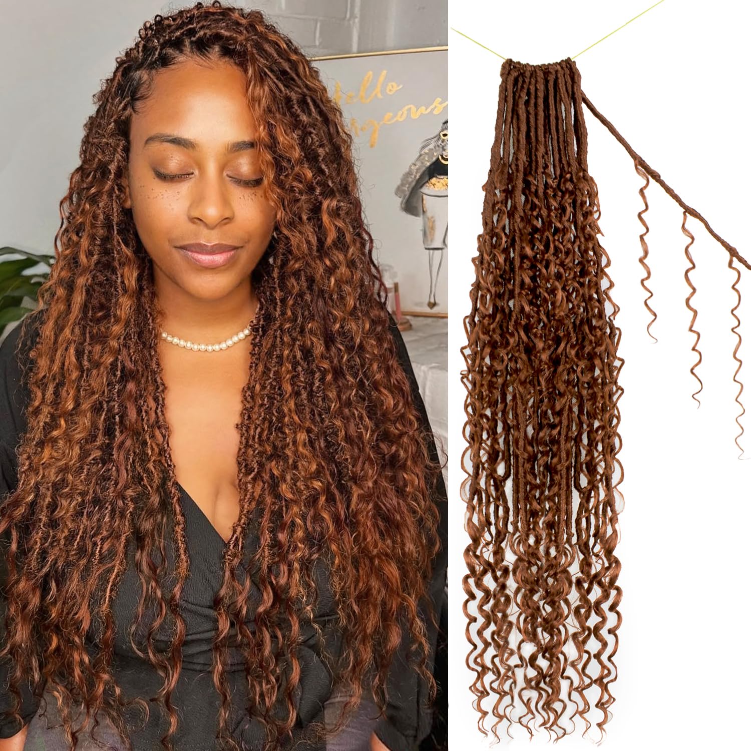 Boho Faux Locs Crochet Hair 24 Inch Goddess Locs 8 Packs Boho with Curly Ends Pre-looped Long Bohemian River Locs Crochet Hair for Black Women(24Inch,