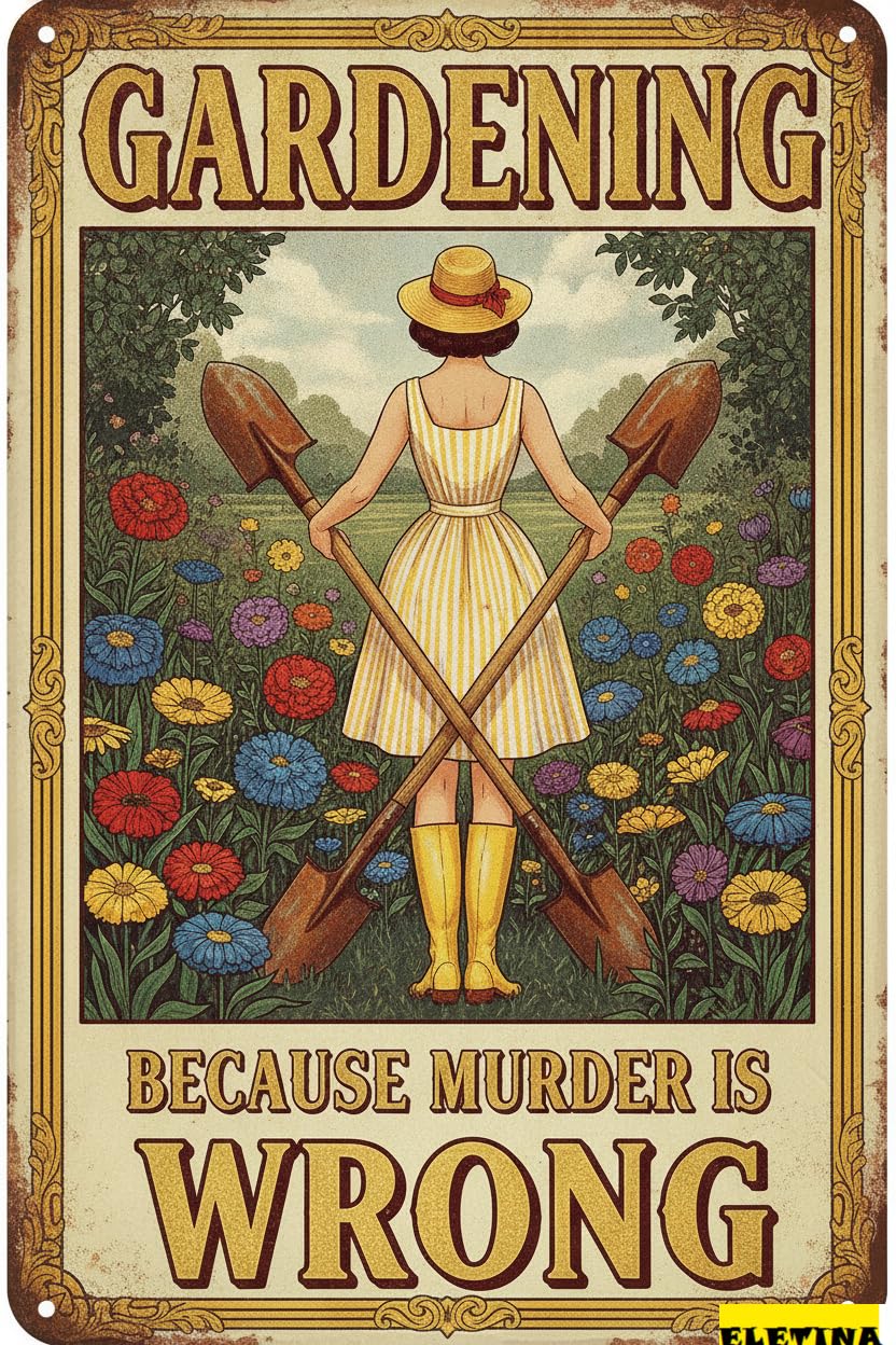 Gardening Because Murder Is Wrong Tin Sign, 8x12 Inch